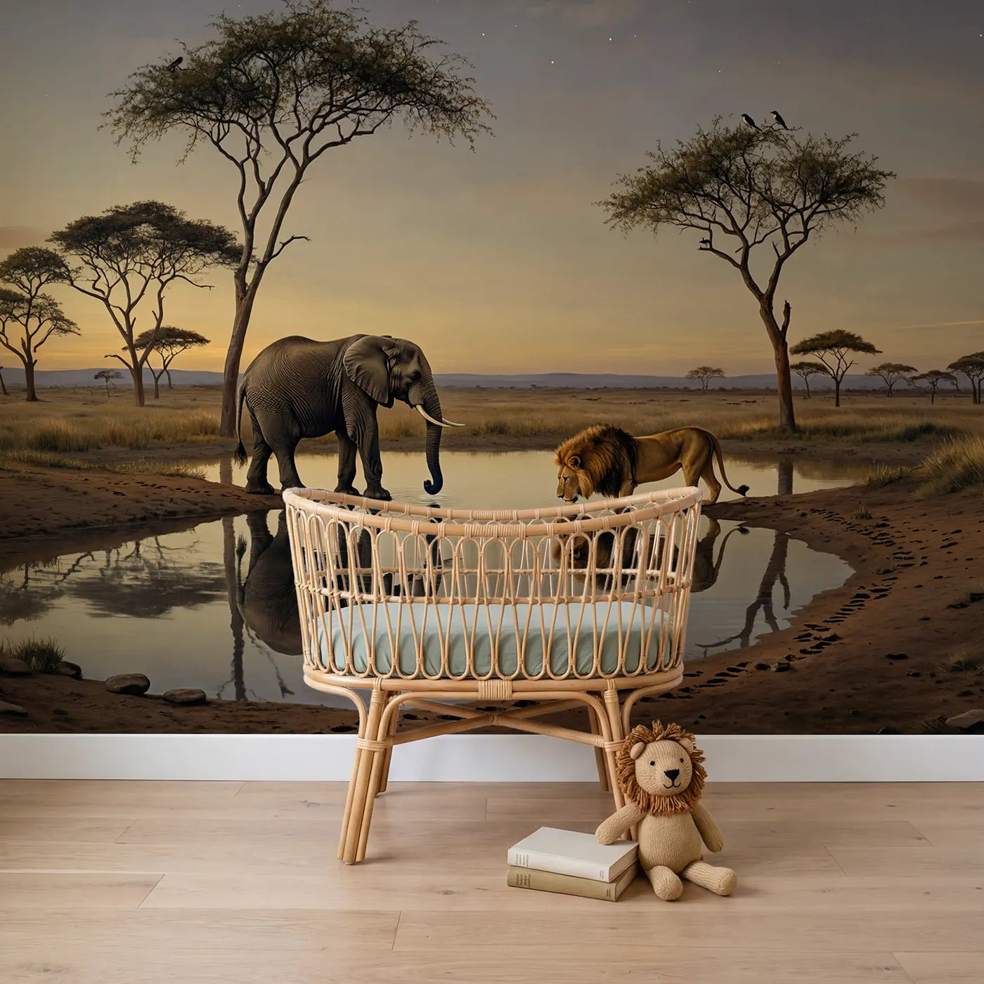 botanical elegance elephant lion watering hole mural for boys nursery by Whimsy Tots