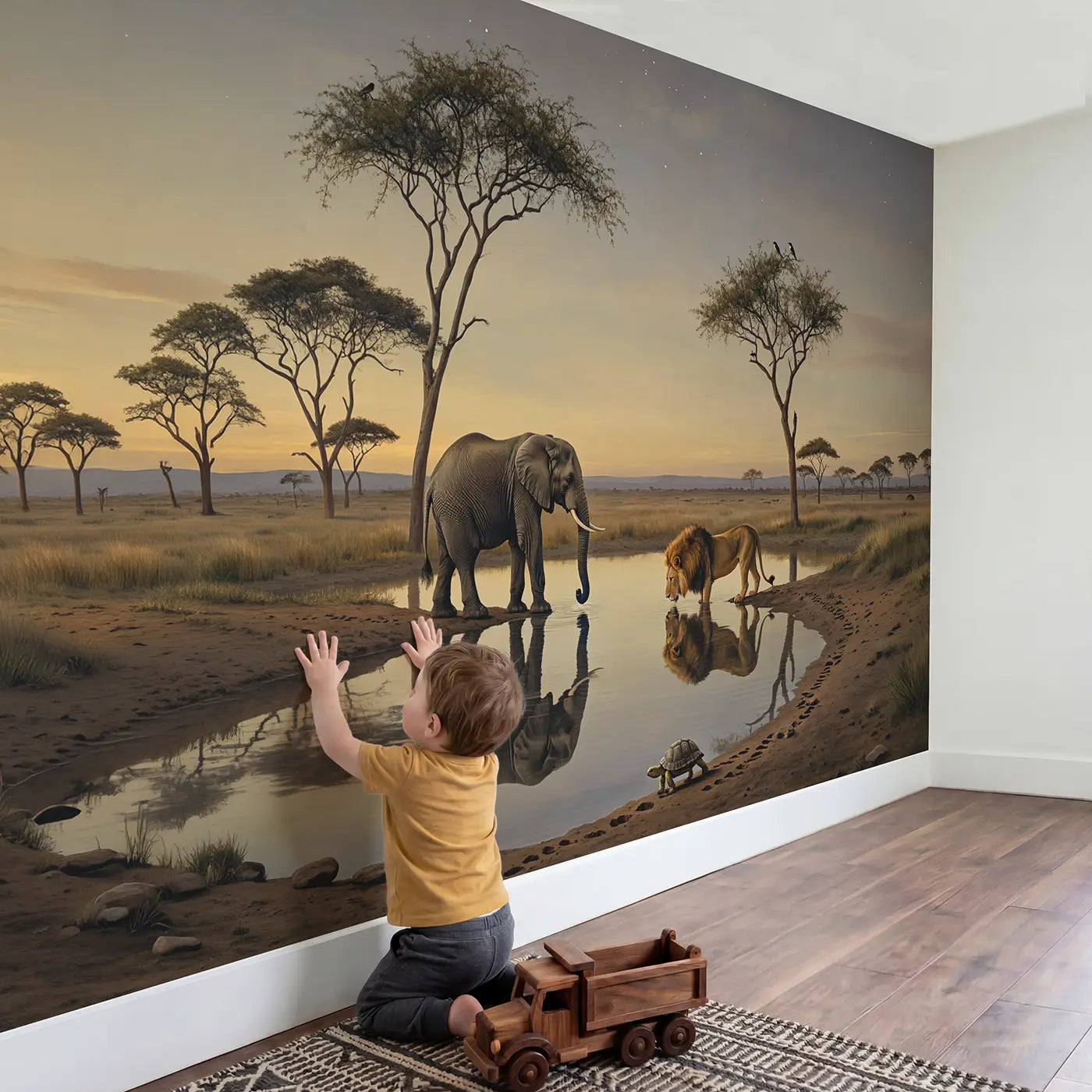 Child in nursery with Elephant and Lion Watering Hole Wallpaper Mural by Whimsy Tots