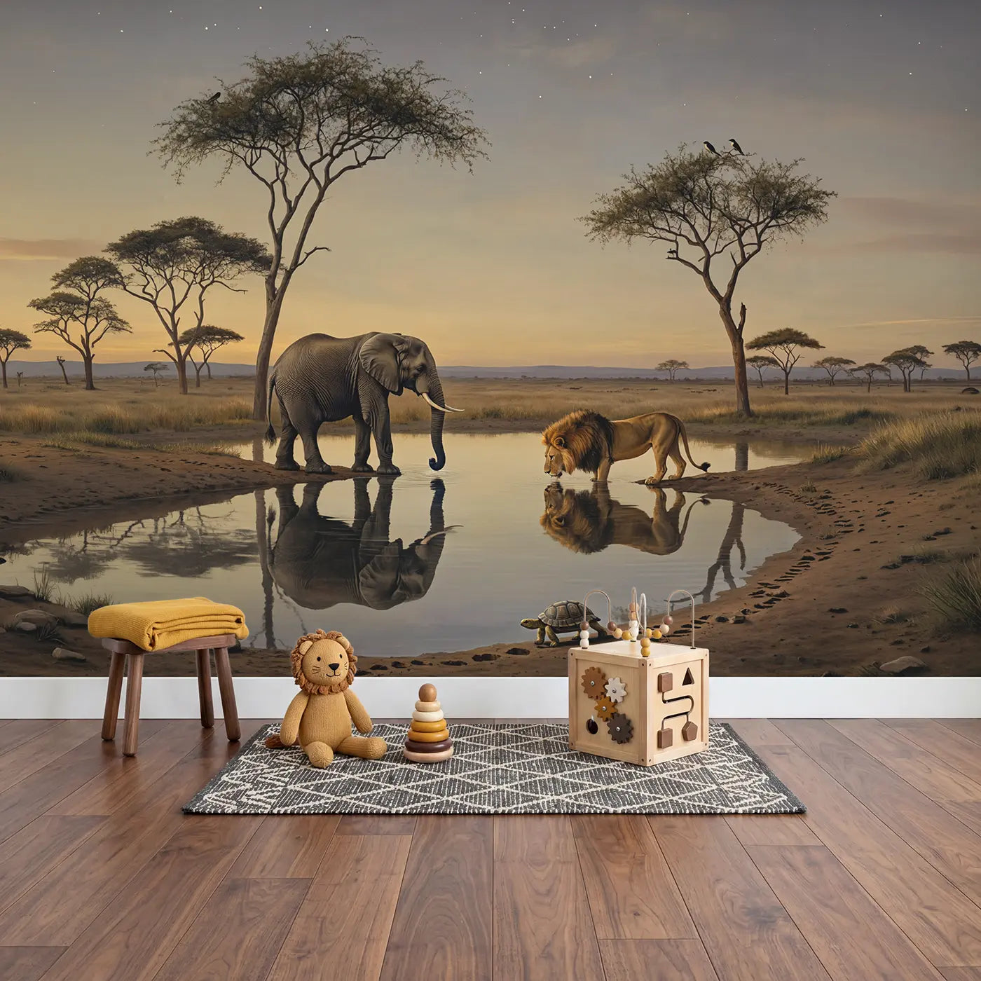 Elephant and Lion Watering Hole Wallpaper Mural in playroom setting by Whimsy Tots