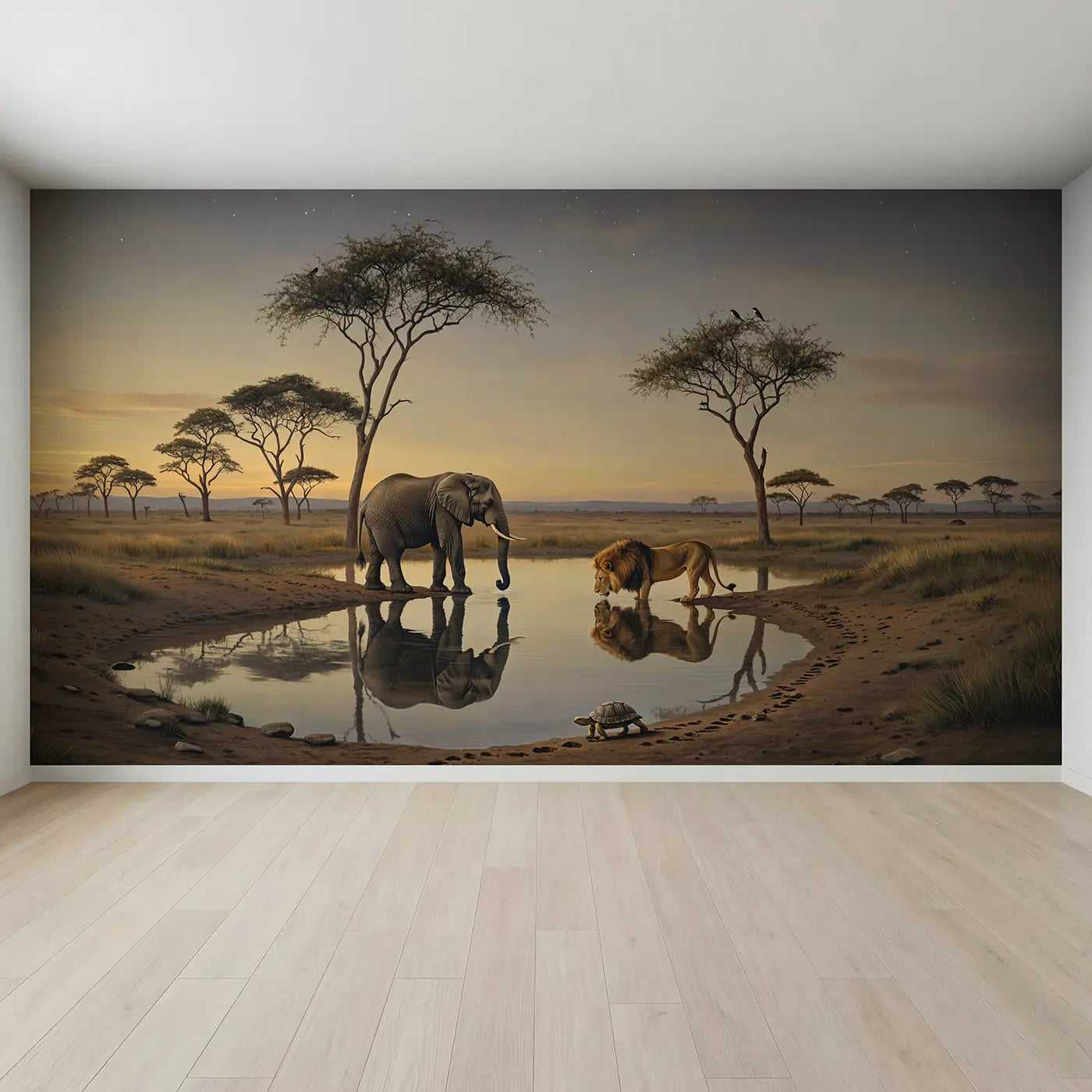 Full view of Elephant and Lion Watering Hole Wallpaper Mural by Whimsy Tots