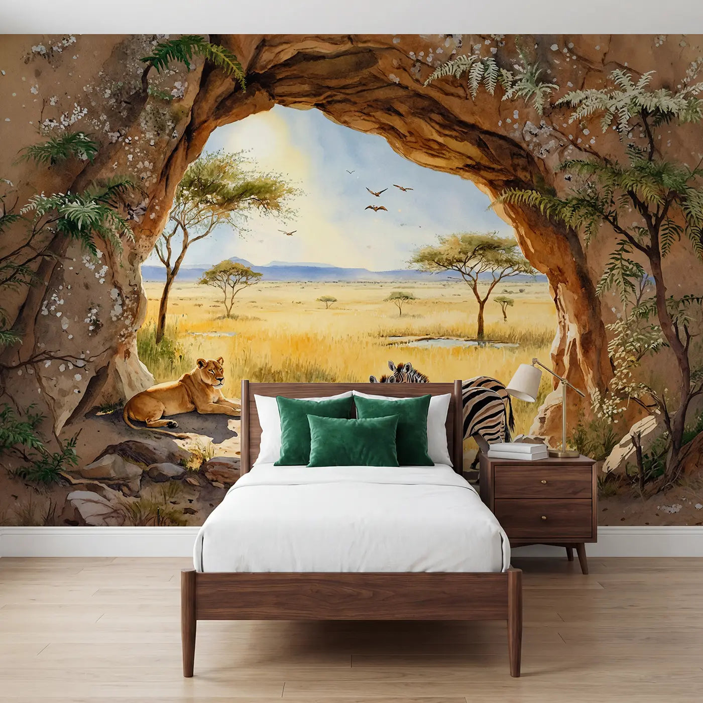 Watercolor safari cave shelter savanna wallpaper mural for girls room by Whimsy Tots
