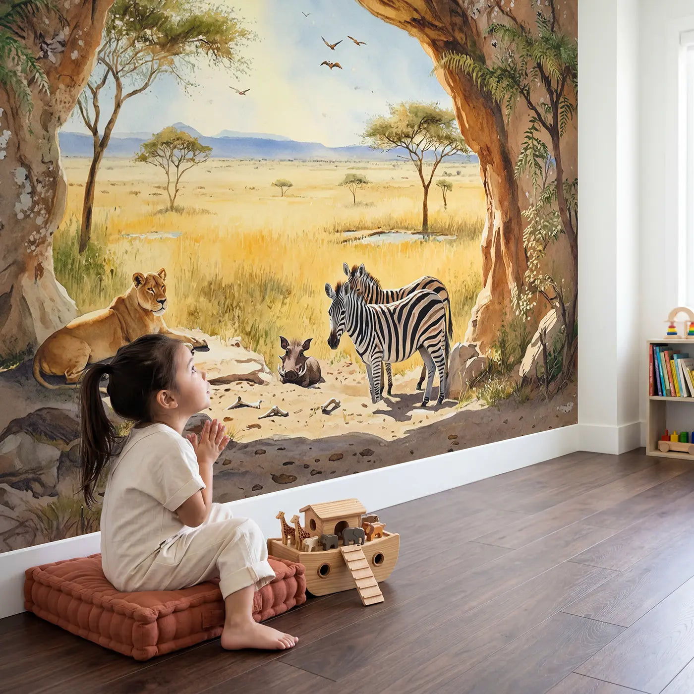 Child in nursery with Safari Cave Shelter Wallpaper Mural by Whimsy Tots