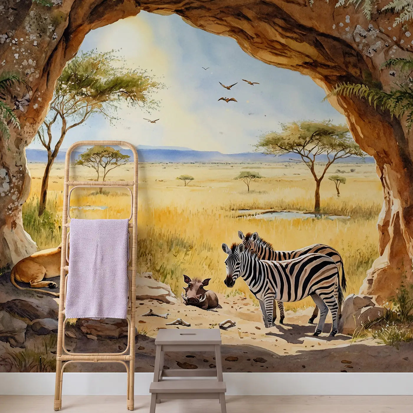 Safari Cave Shelter Wallpaper Mural in playroom setting by Whimsy Tots