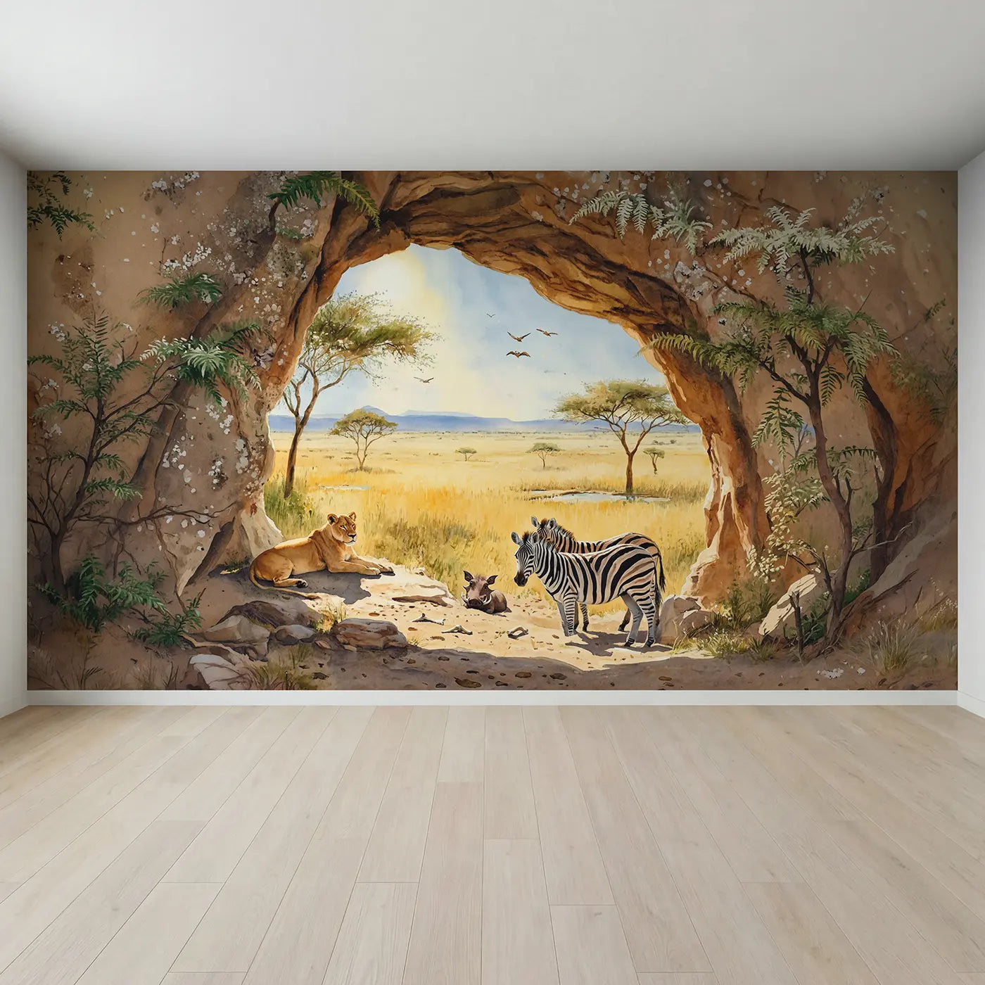 Full view of Safari Cave Shelter Wallpaper Mural by Whimsy Tots