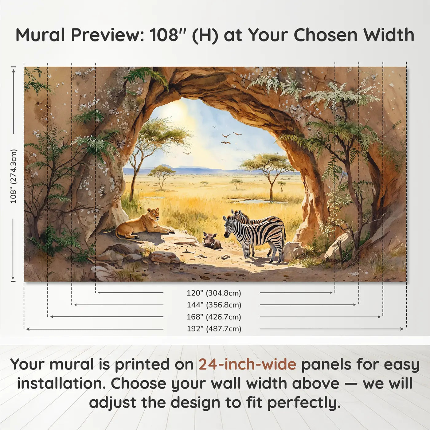 Panel layout and dimensions for Safari Cave Shelter Wallpaper Mural by Whimsy Tots