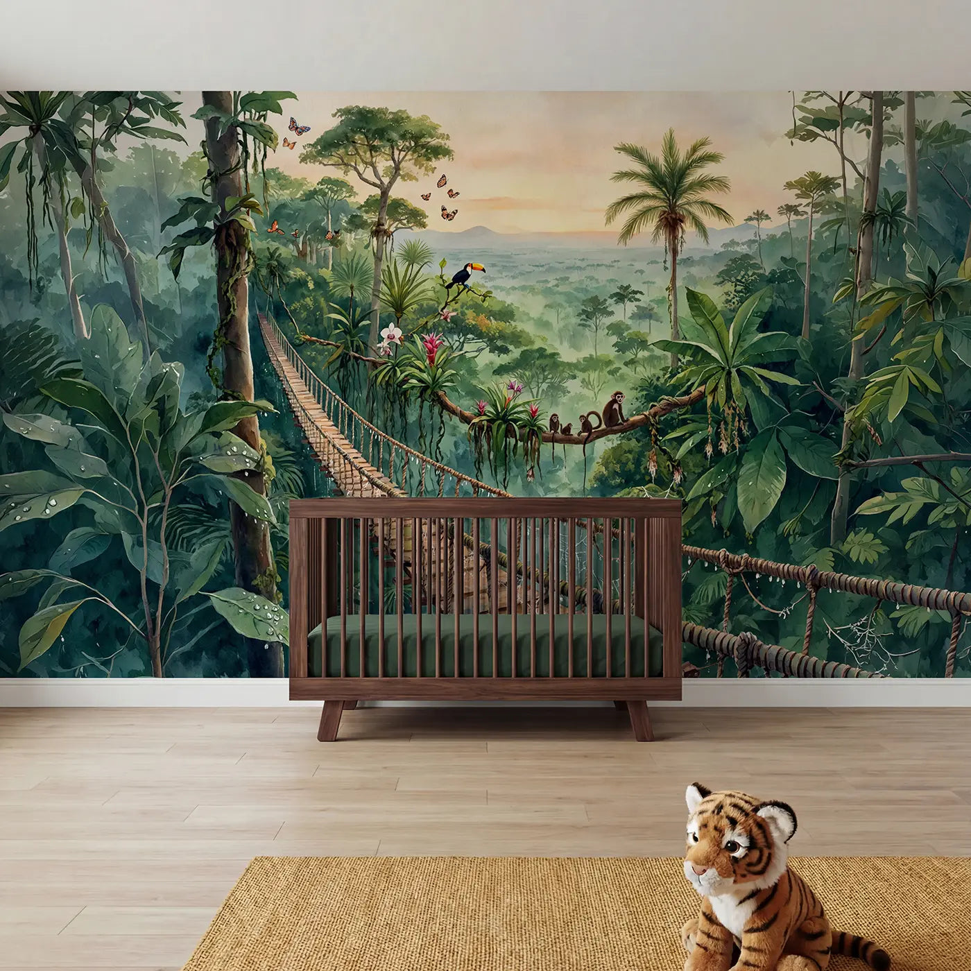 Watercolor jungle canopy walkway toucan monkey wallpaper mural for nursery by Whimsy Tots