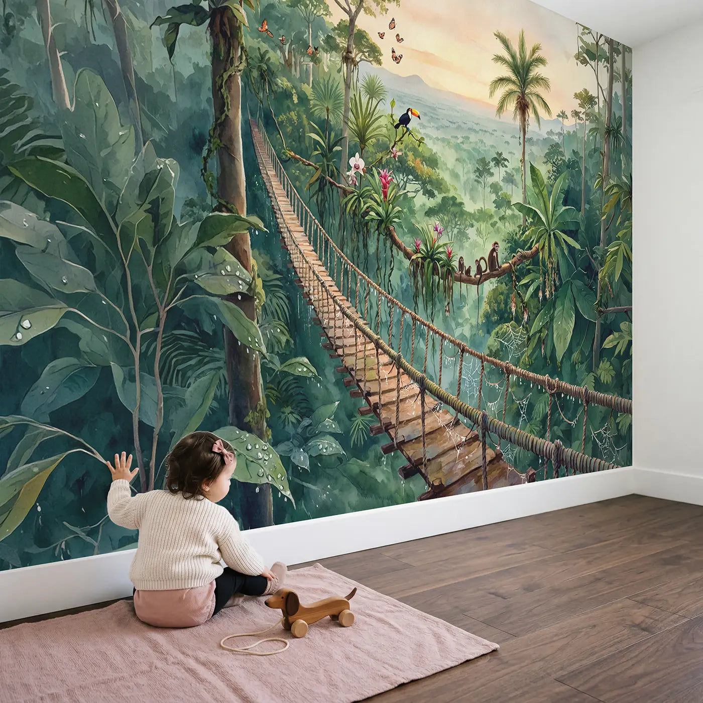 Child in nursery with Jungle Canopy Walkway Morning Wallpaper Mural by Whimsy Tots