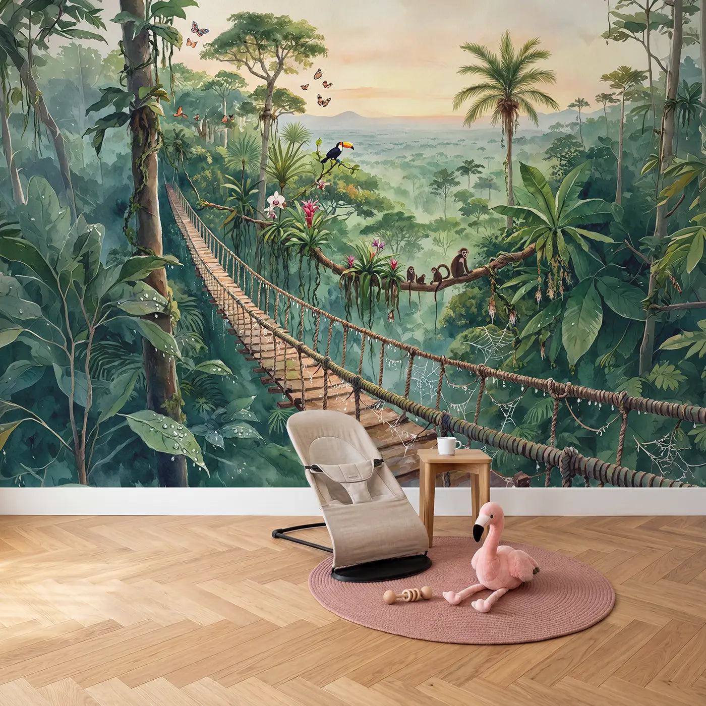 Jungle Canopy Walkway Morning Wallpaper Mural in playroom setting by Whimsy Tots