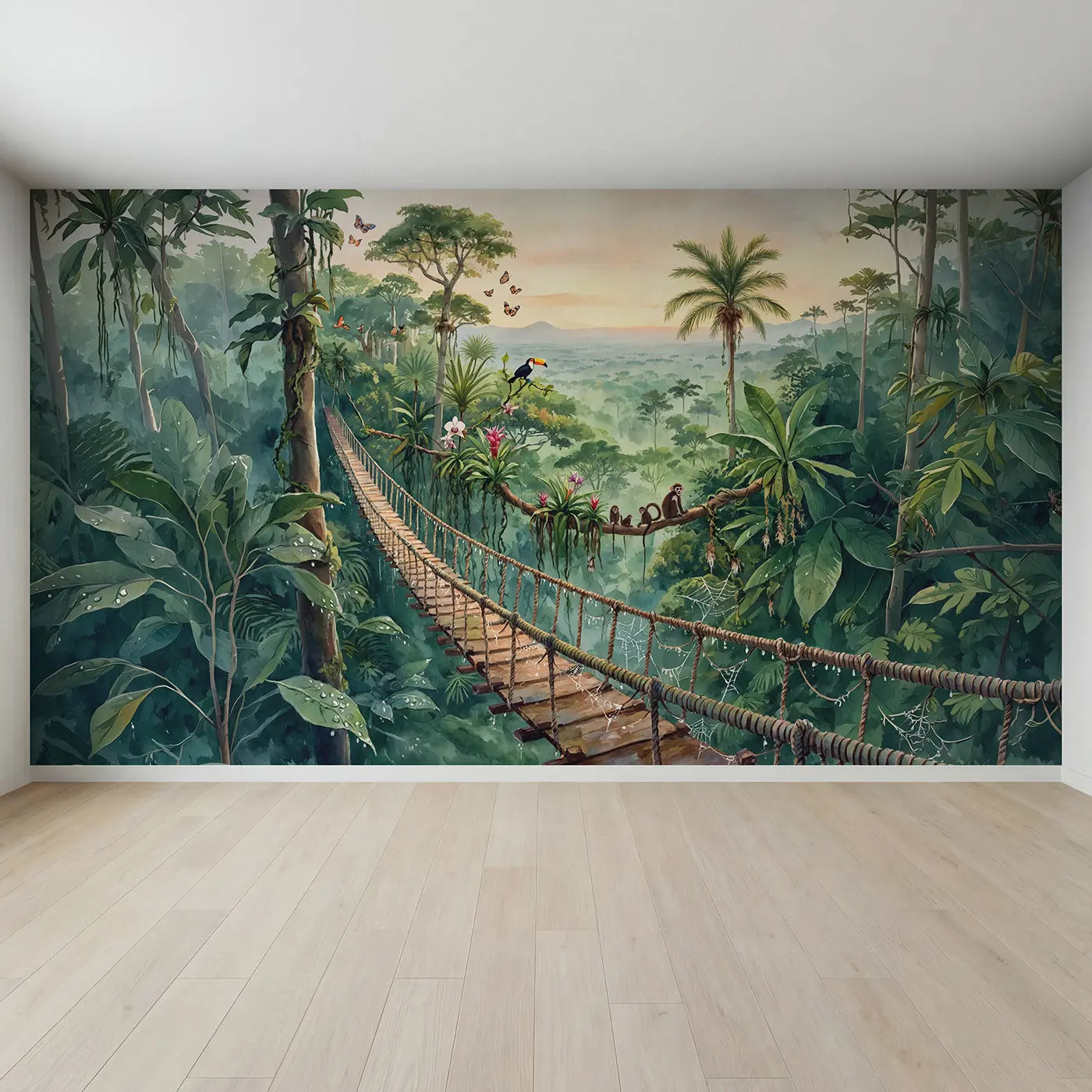 Full view of Jungle Canopy Walkway Morning Wallpaper Mural by Whimsy Tots