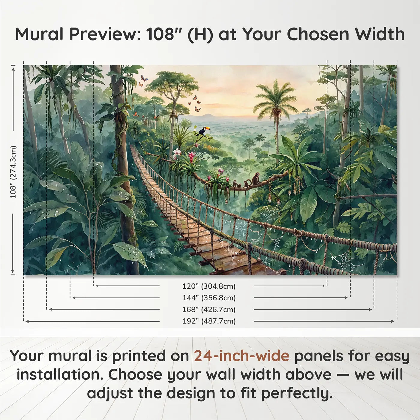 Panel layout and dimensions for Jungle Canopy Walkway Morning Wallpaper Mural by Whimsy Tots
