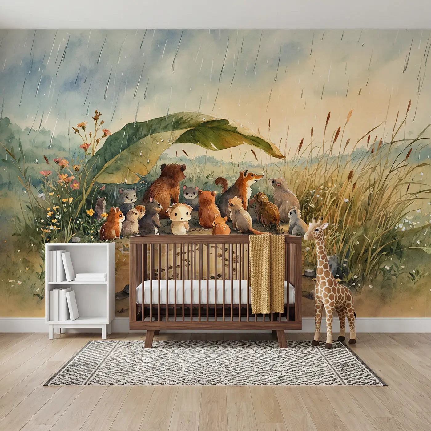 Watercolor jungle animals rainstorm tropical wallpaper mural for nursery by Whimsy Tots