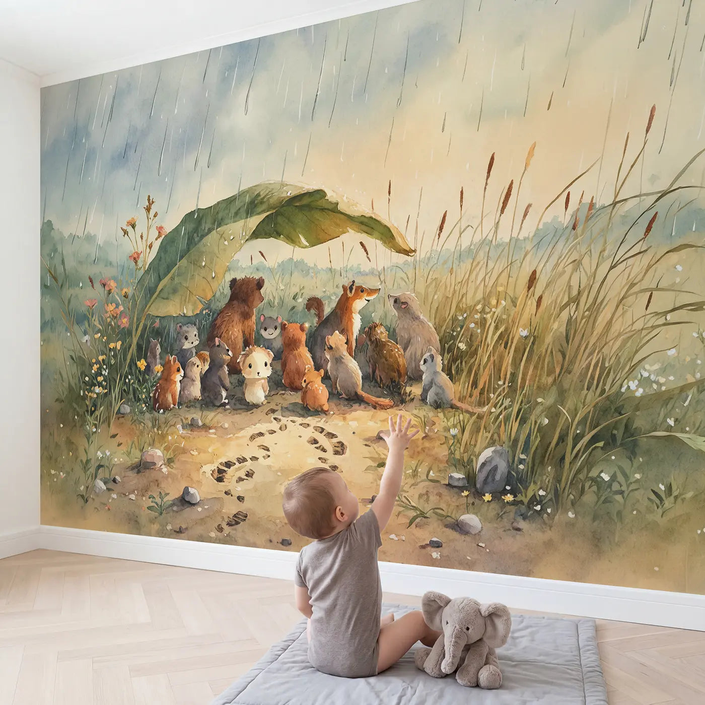 Child in nursery with Jungle Animals Rainstorm Giant Wallpaper Mural by Whimsy Tots
