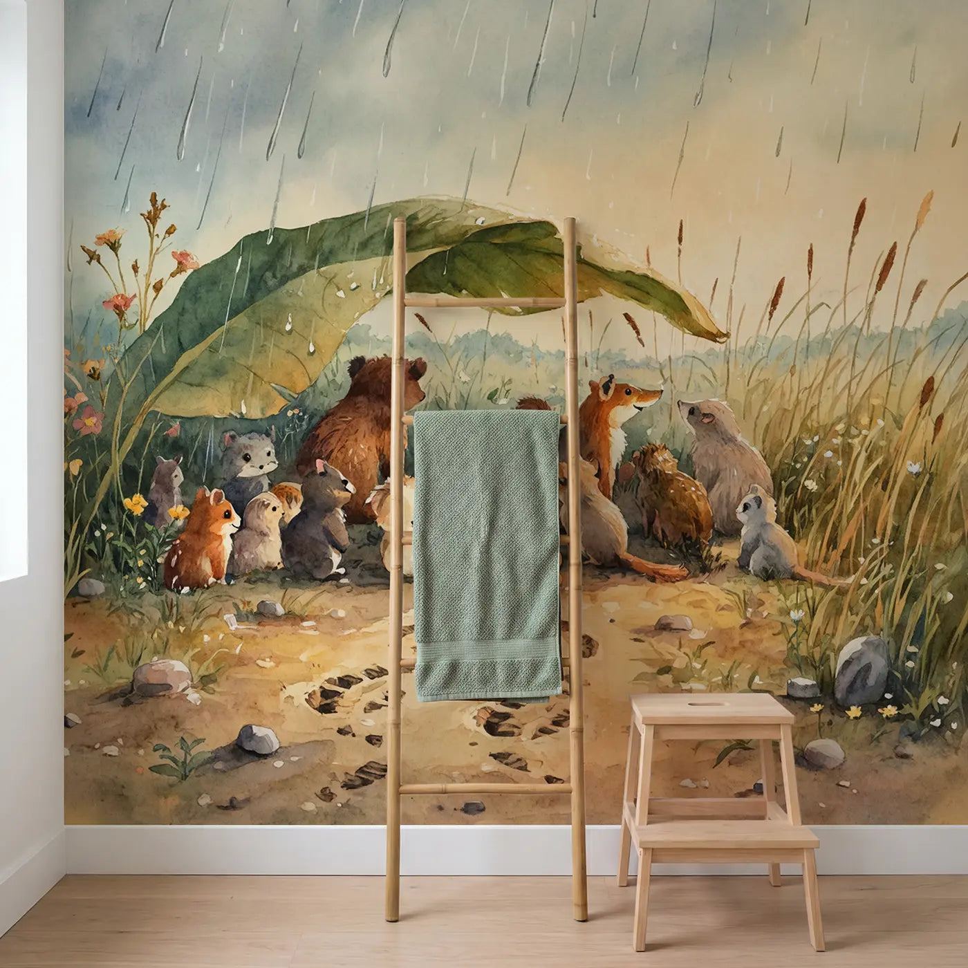 Jungle Animals Rainstorm Giant Wallpaper Mural in playroom setting by Whimsy Tots