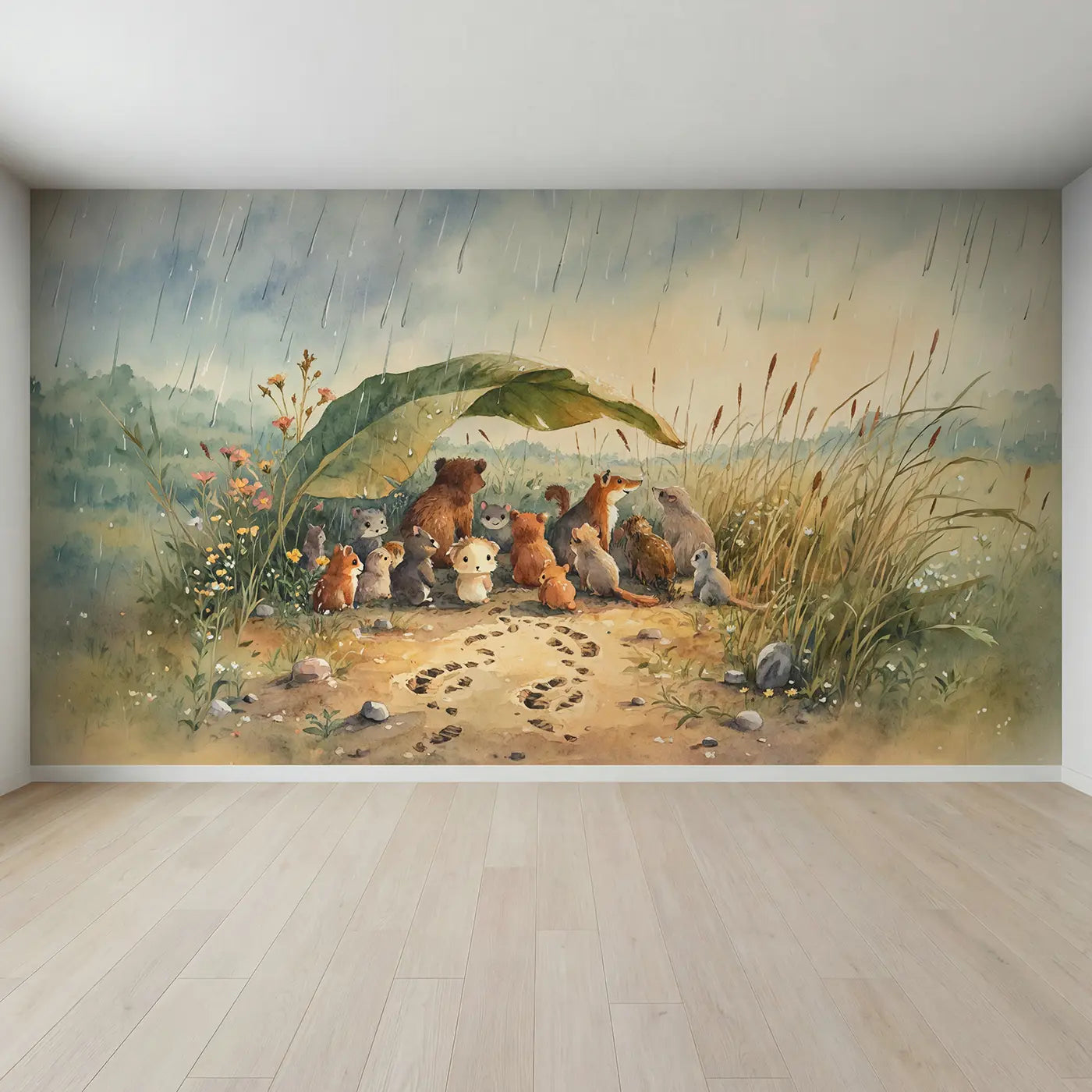 Full view of Jungle Animals Rainstorm Giant Wallpaper Mural by Whimsy Tots