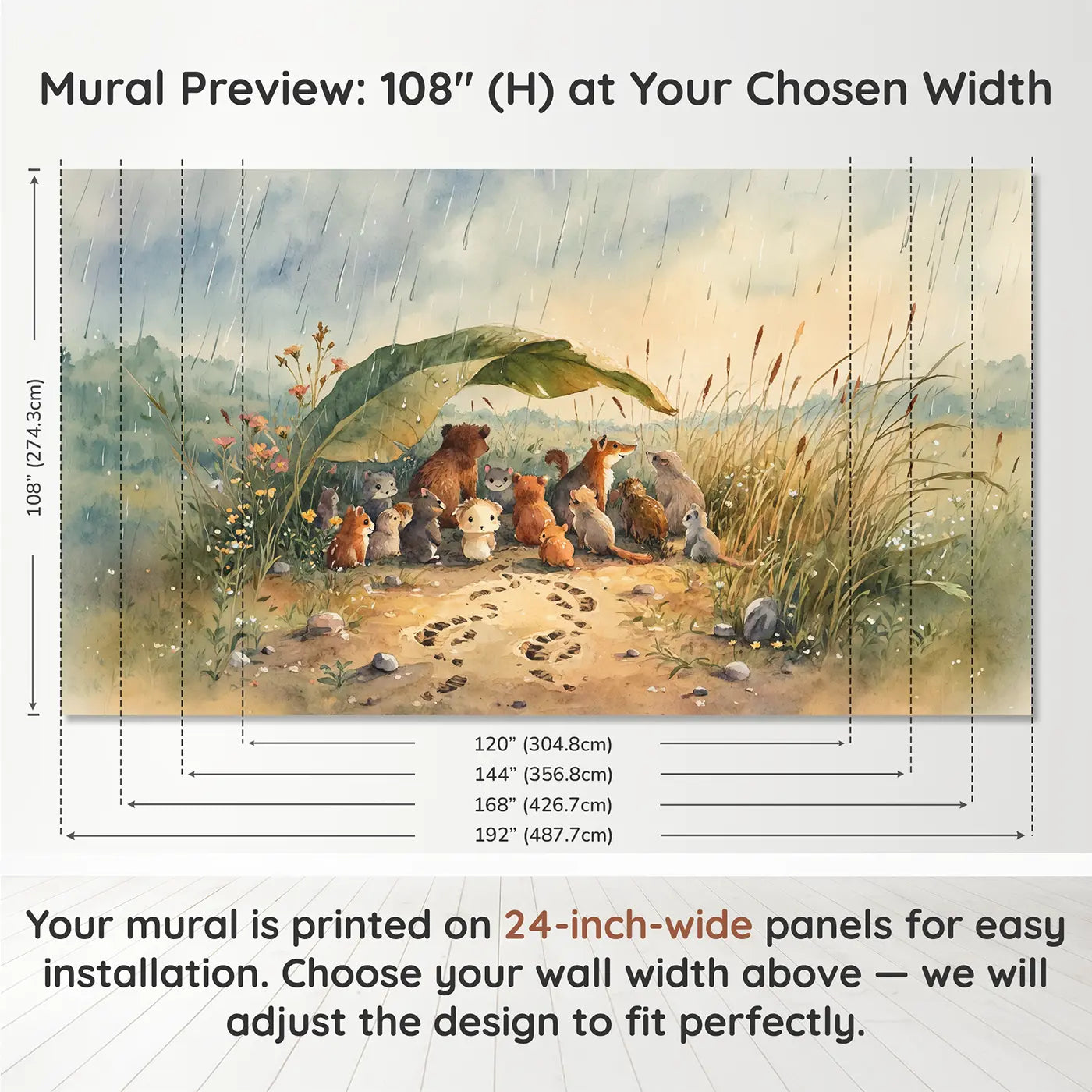 Panel layout and dimensions for Jungle Animals Rainstorm Giant Wallpaper Mural by Whimsy Tots