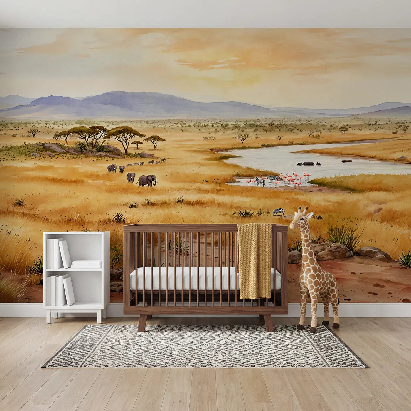 Watercolor elephant and zebra savanna wallpaper mural for kids room by Whimsy Tots