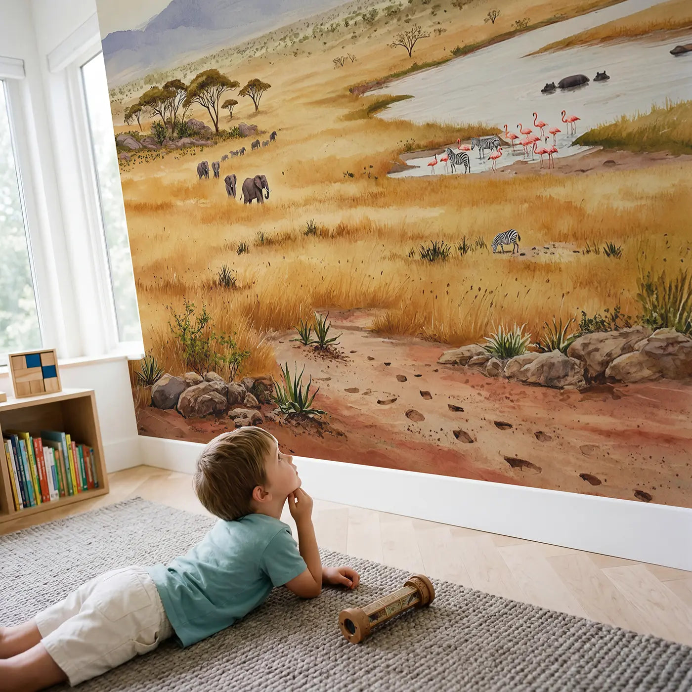 Child in nursery with Watercolor Safari Plains Wallpaper Mural by Whimsy Tots