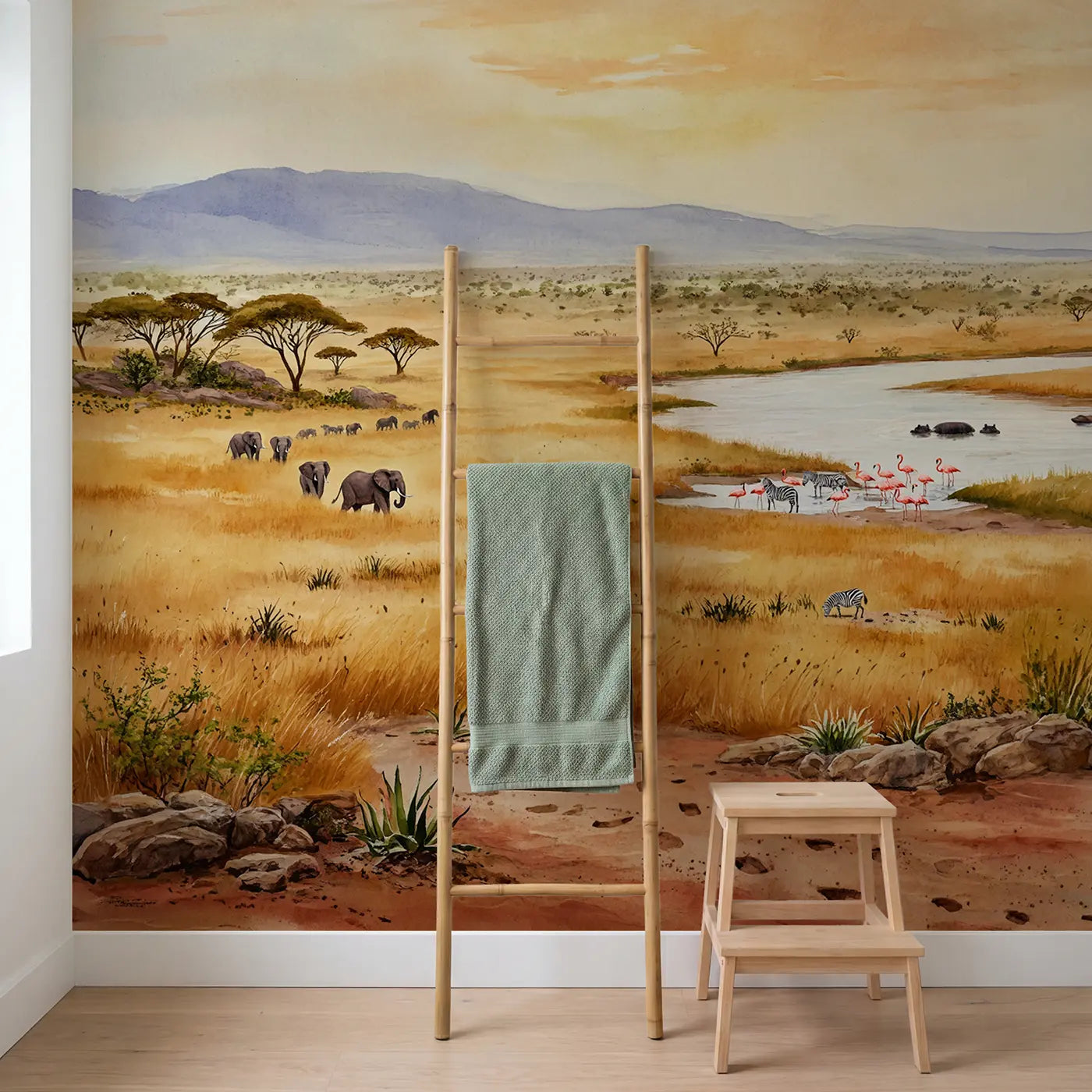 Watercolor Safari Plains Wallpaper Mural in playroom setting by Whimsy Tots