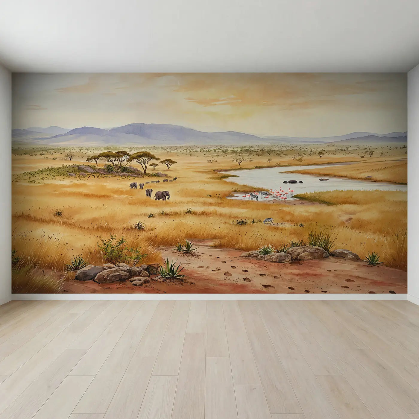 Full view of Watercolor Safari Plains Wallpaper Mural by Whimsy Tots