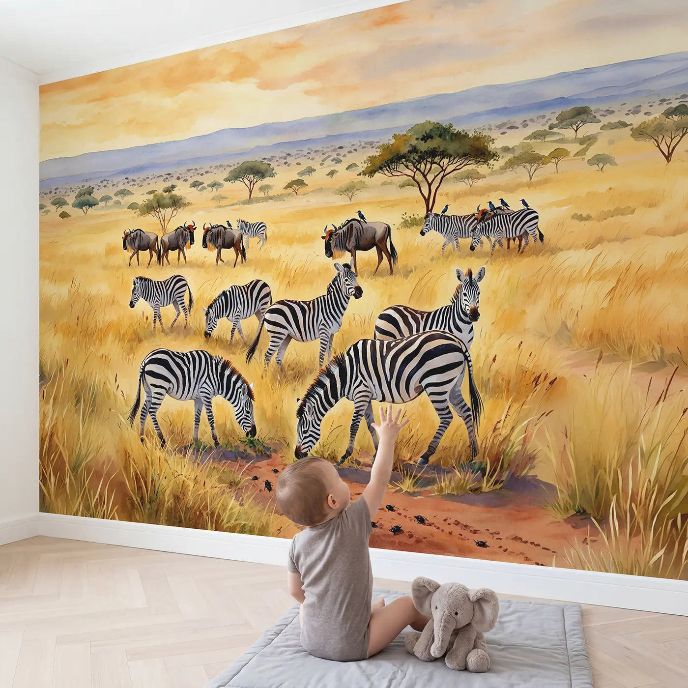 Child in nursery with Mixed Herd Grazing Wallpaper Mural by Whimsy Tots