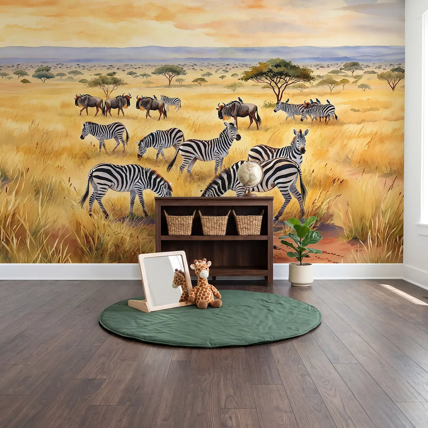 Mixed Herd Grazing Wallpaper Mural in playroom setting by Whimsy Tots