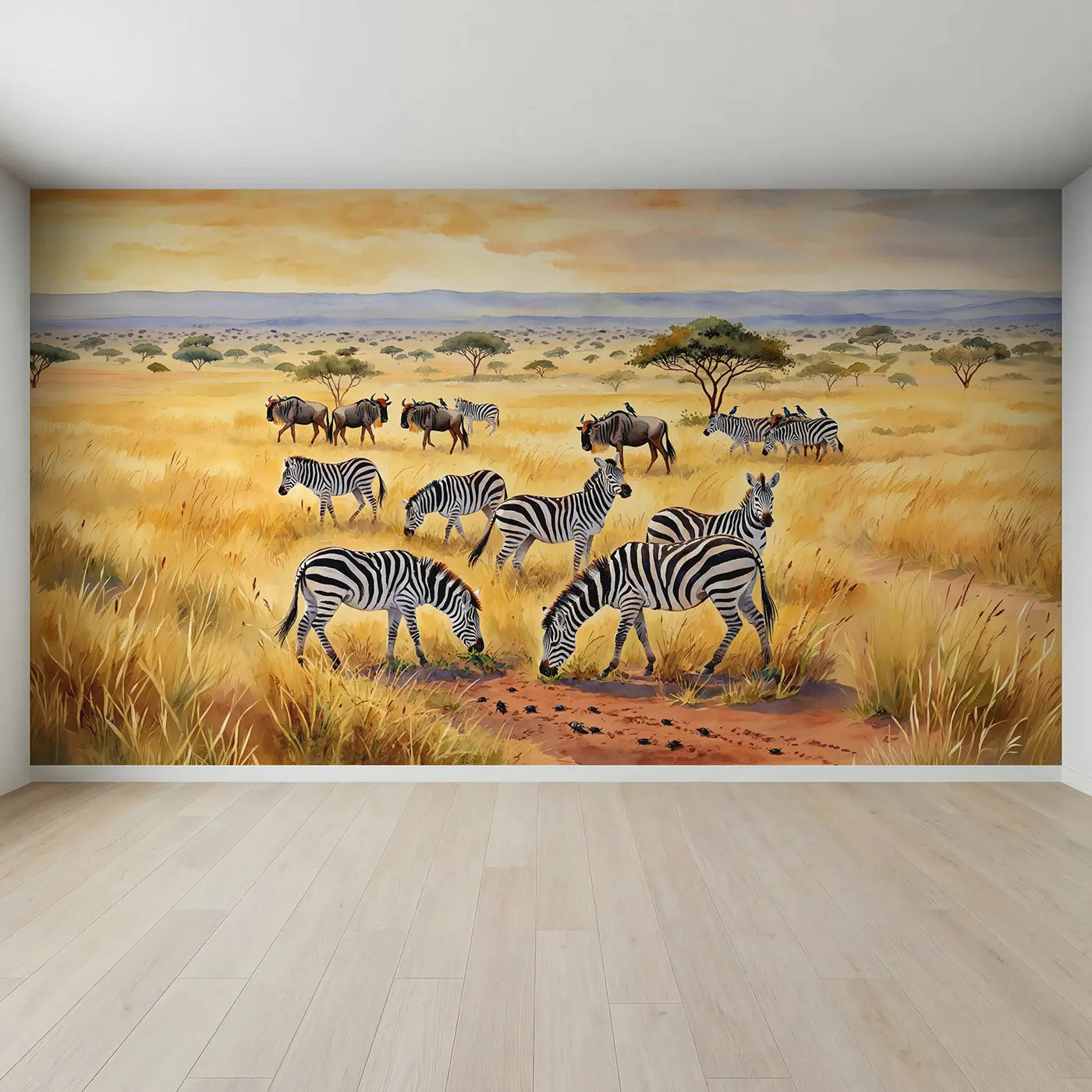 Full view of Mixed Herd Grazing Wallpaper Mural by Whimsy Tots