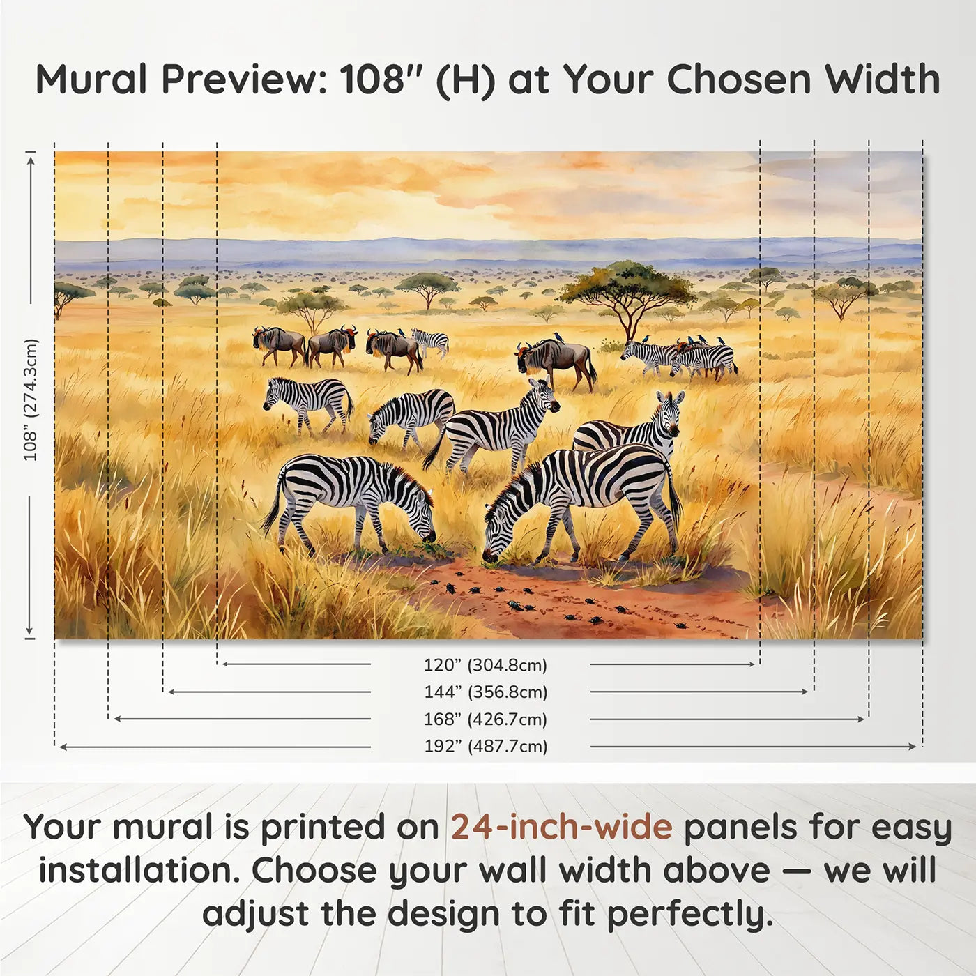 Panel layout and dimensions for Mixed Herd Grazing Wallpaper Mural by Whimsy Tots