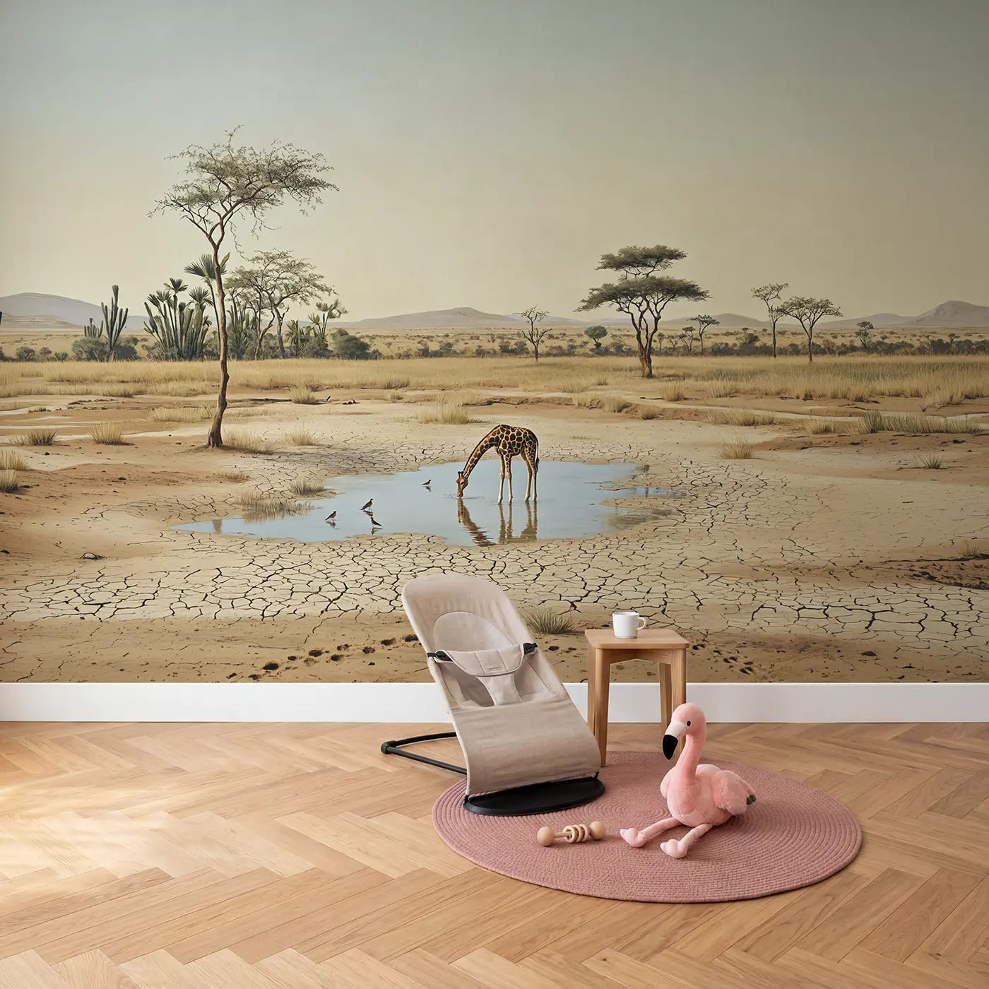 Savanna Watering Hole Wallpaper Mural in playroom setting by Whimsy Tots