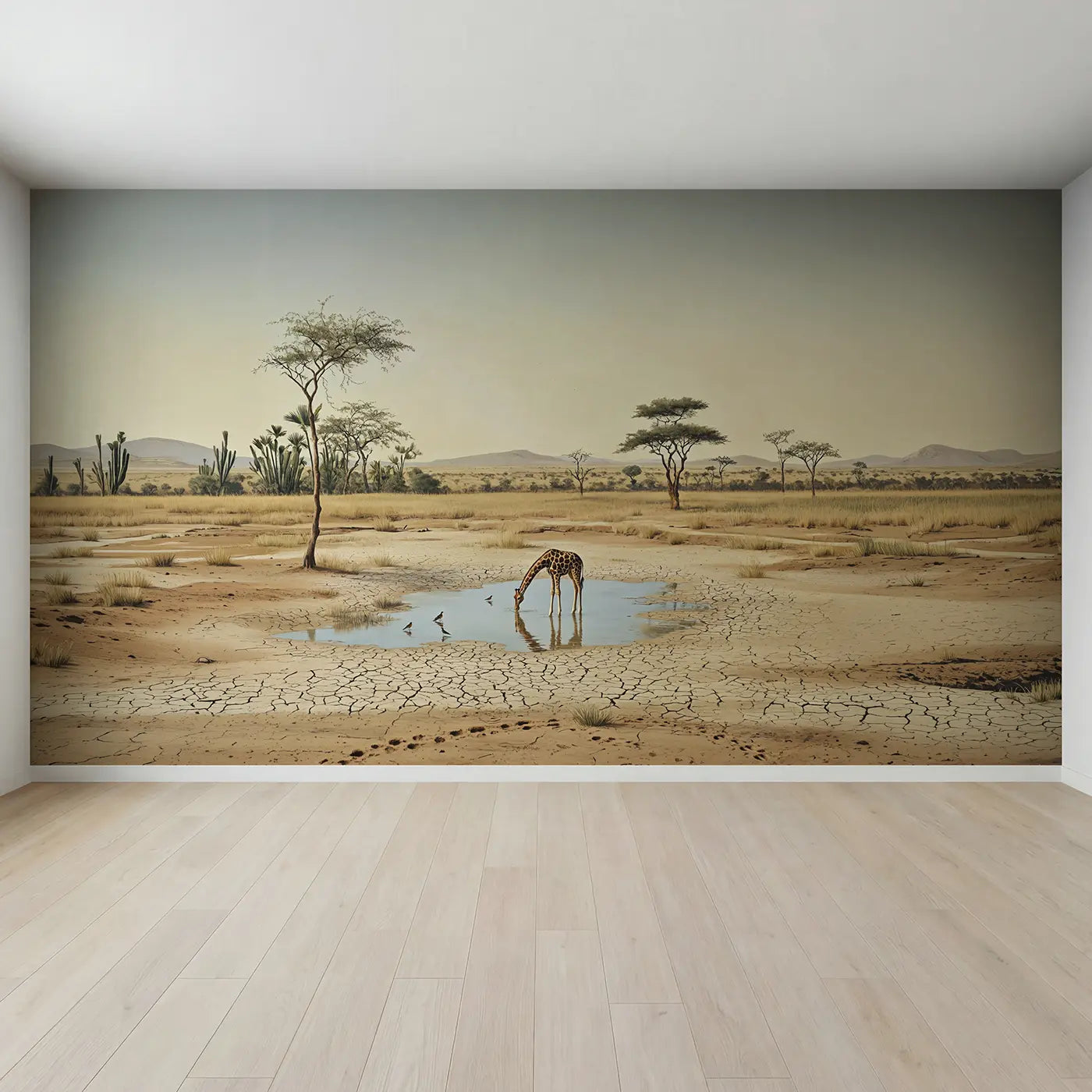 Full view of Savanna Watering Hole Wallpaper Mural by Whimsy Tots