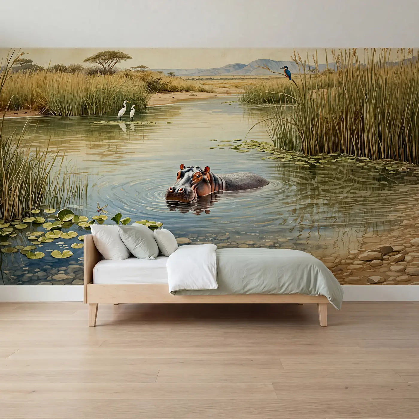 Storybook hippo peeking from river wallpaper mural for boys room by Whimsy Tots