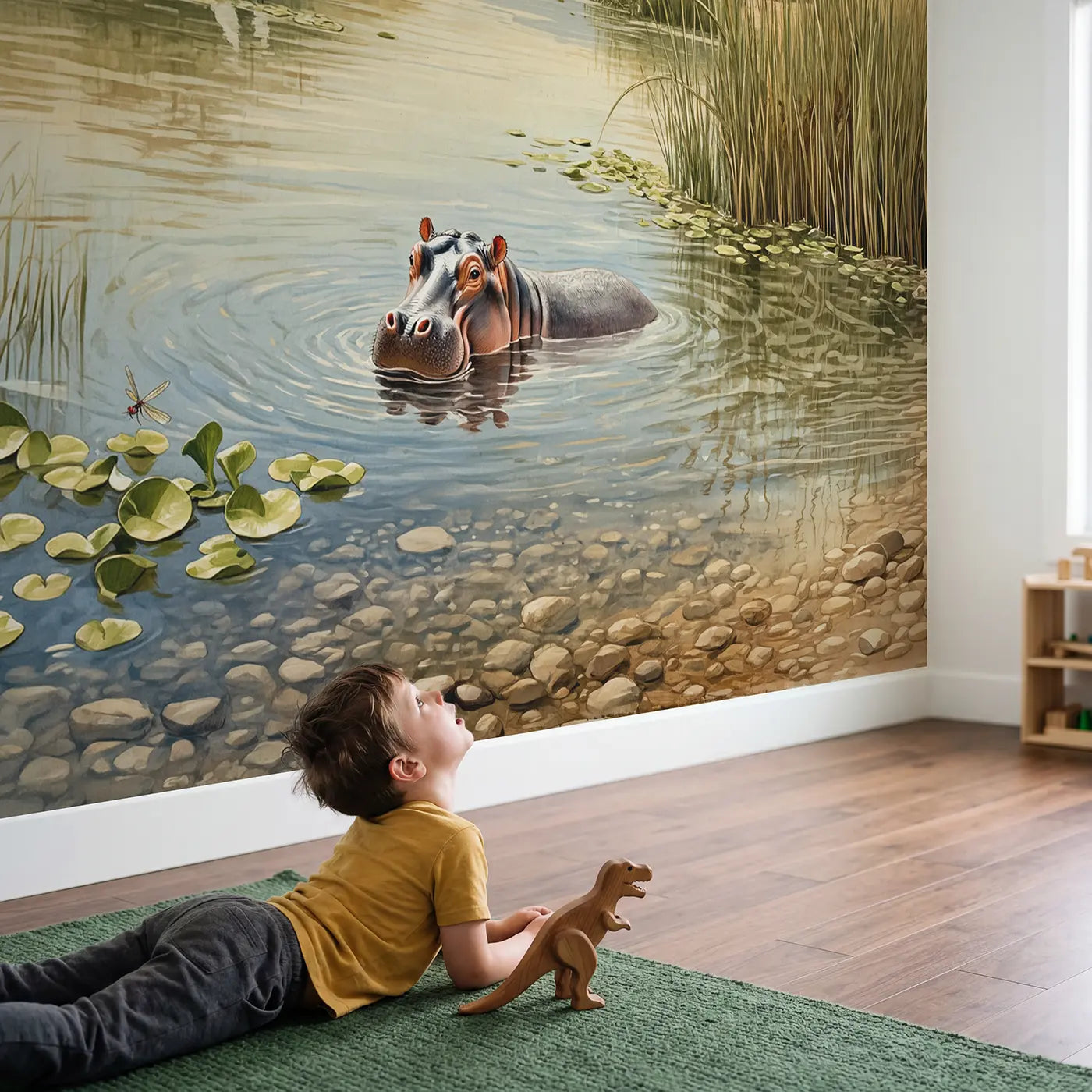 Child in nursery with Hippo River Peek Wallpaper Mural by Whimsy Tots