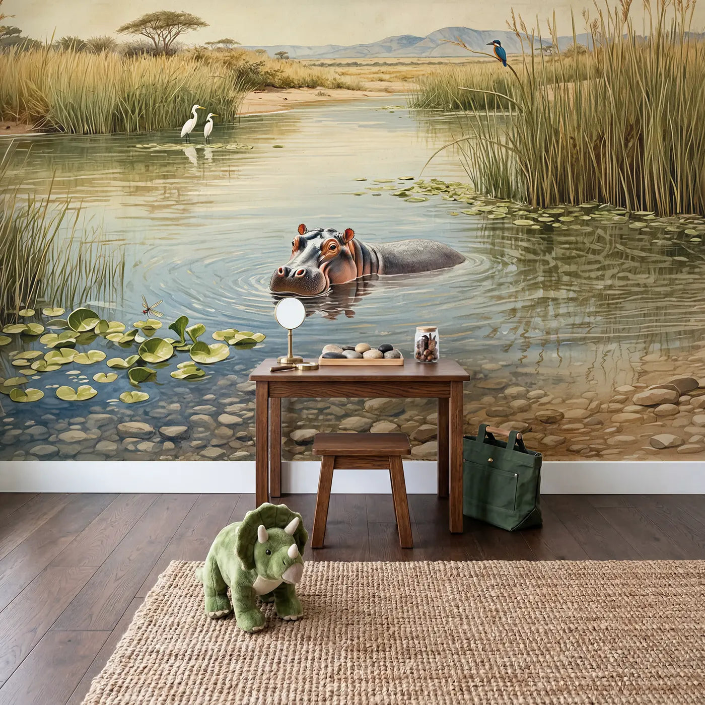 Hippo River Peek Wallpaper Mural in playroom setting by Whimsy Tots