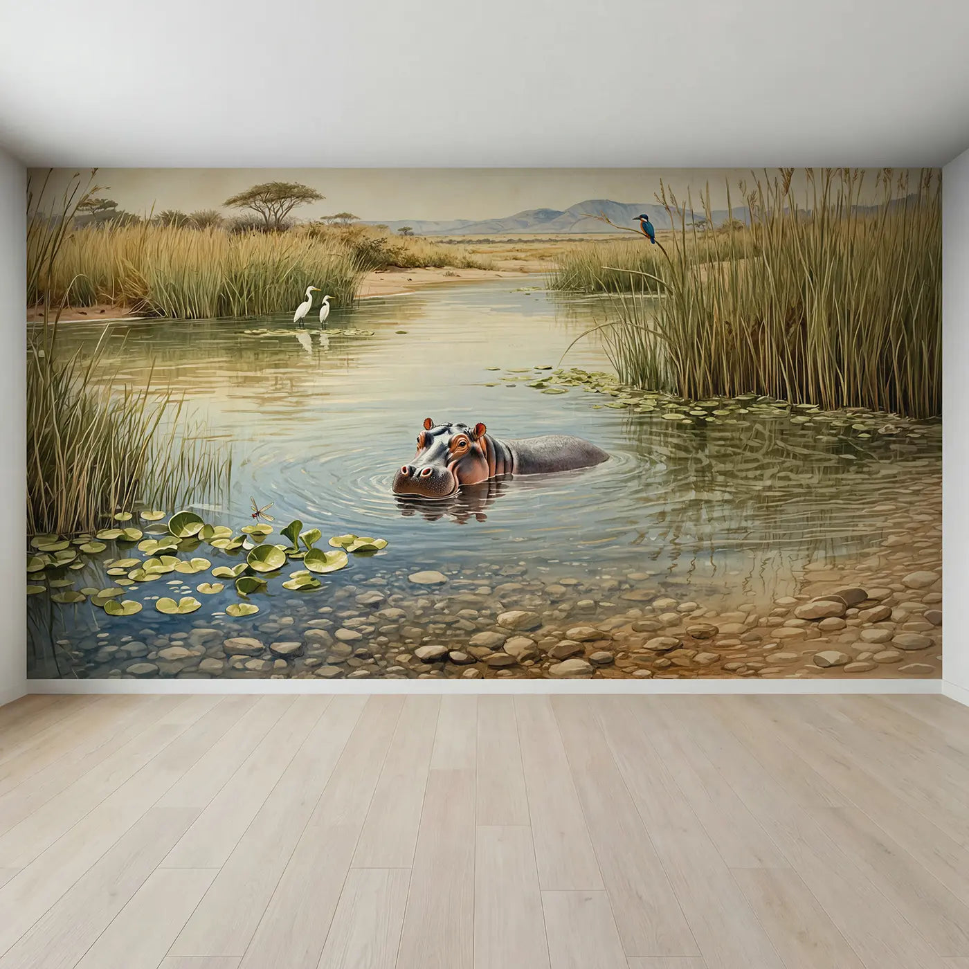 Full view of Hippo River Peek Wallpaper Mural by Whimsy Tots