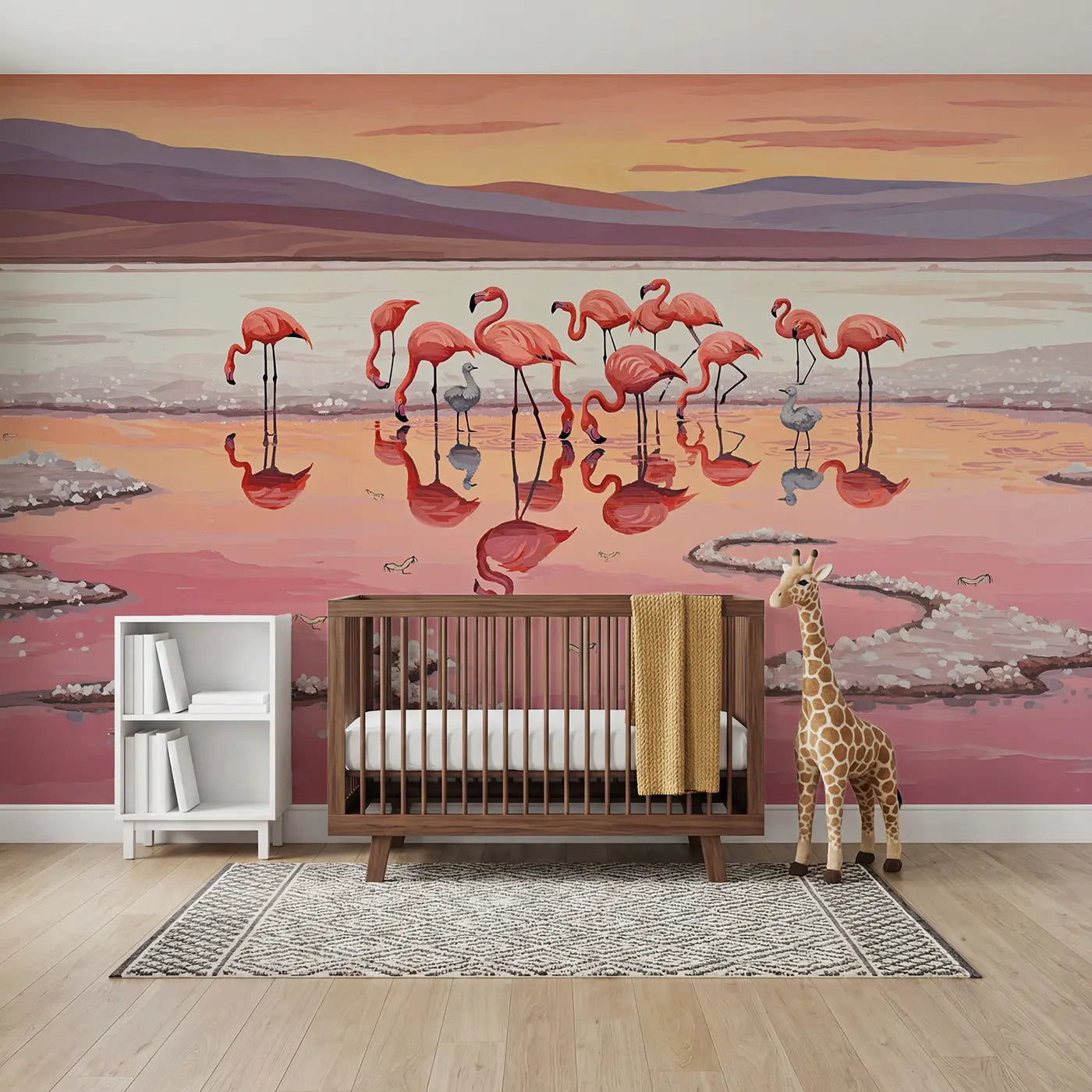 Modern Illustration flamingo pink lake sunset wallpaper mural for nursery by Whimsy Tots