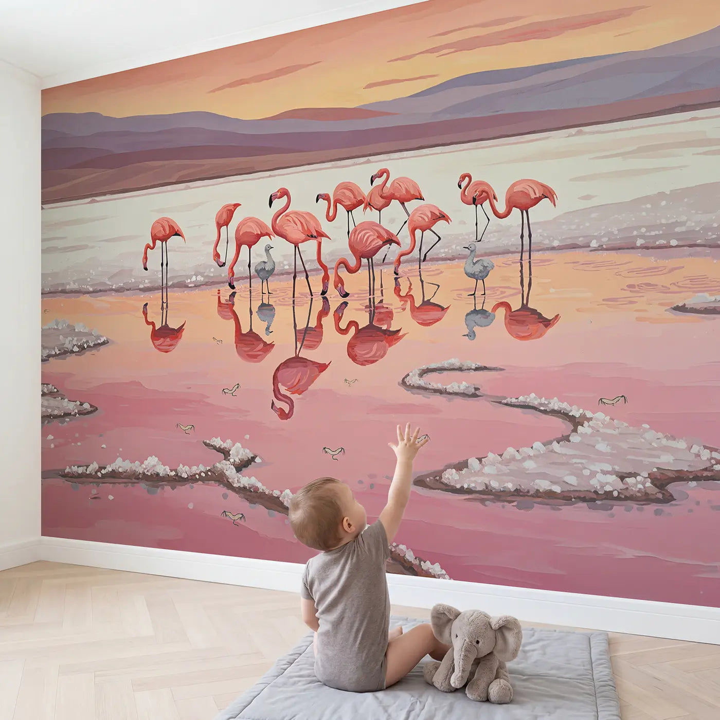 Child in nursery with Pink Lake Flamingo Sunset Wallpaper Mural by Whimsy Tots