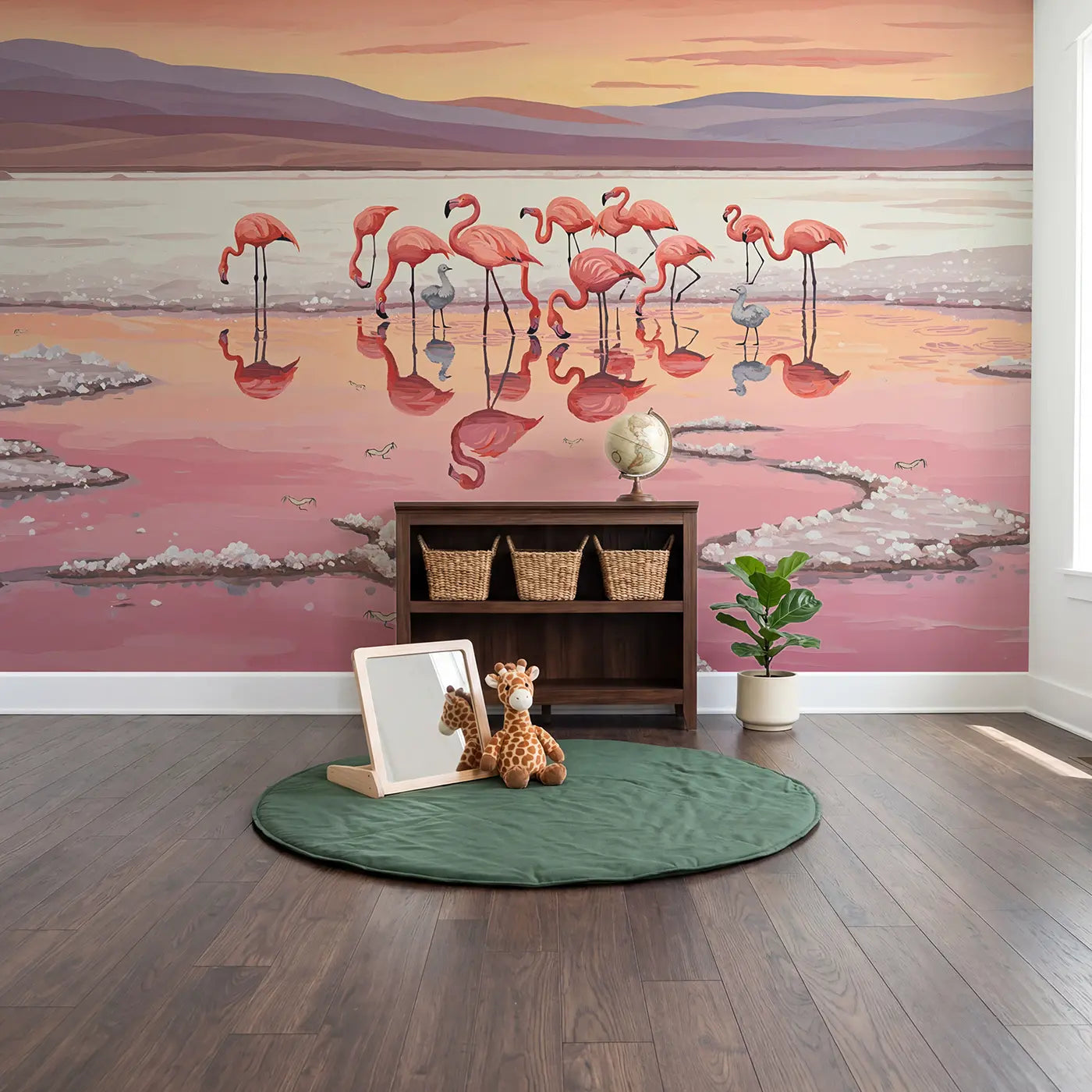Pink Lake Flamingo Sunset Wallpaper Mural in playroom setting by Whimsy Tots