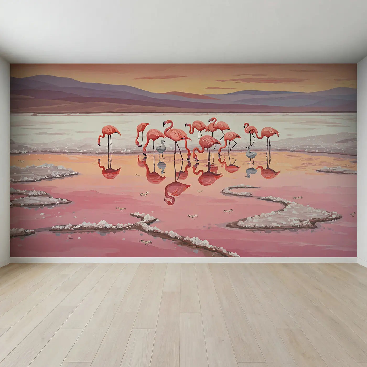 Full view of Pink Lake Flamingo Sunset Wallpaper Mural by Whimsy Tots