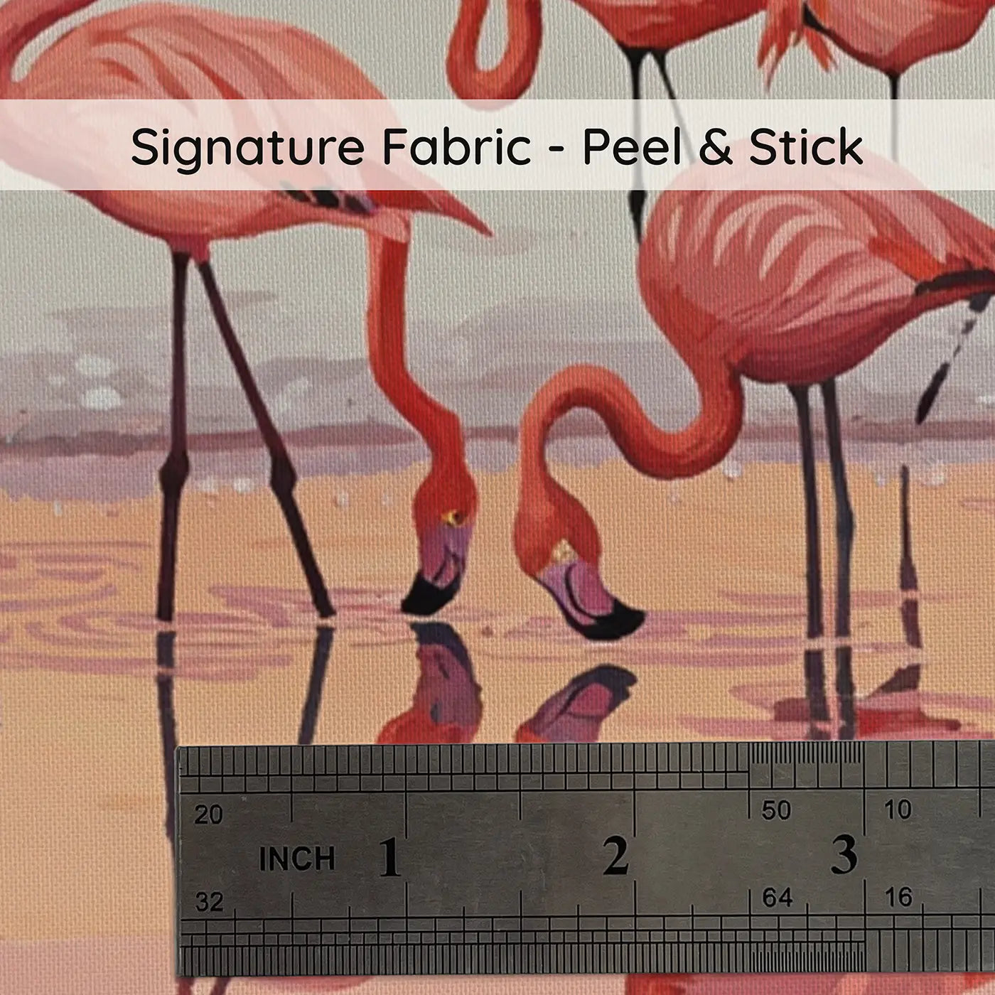 Fabric texture close-up of Pink Lake Flamingo Sunset Wallpaper Mural by Whimsy Tots