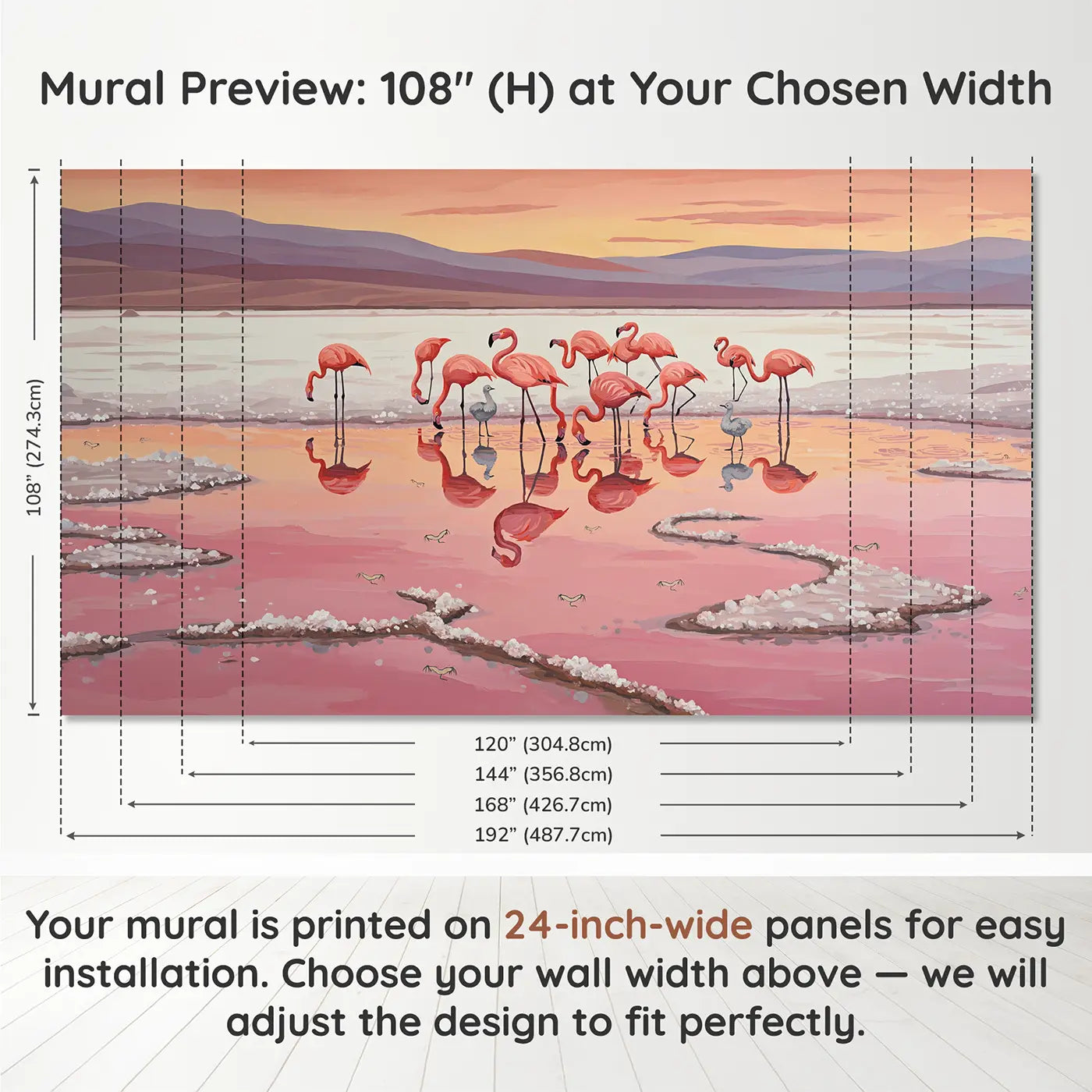 Panel layout and dimensions for Pink Lake Flamingo Sunset Wallpaper Mural by Whimsy Tots