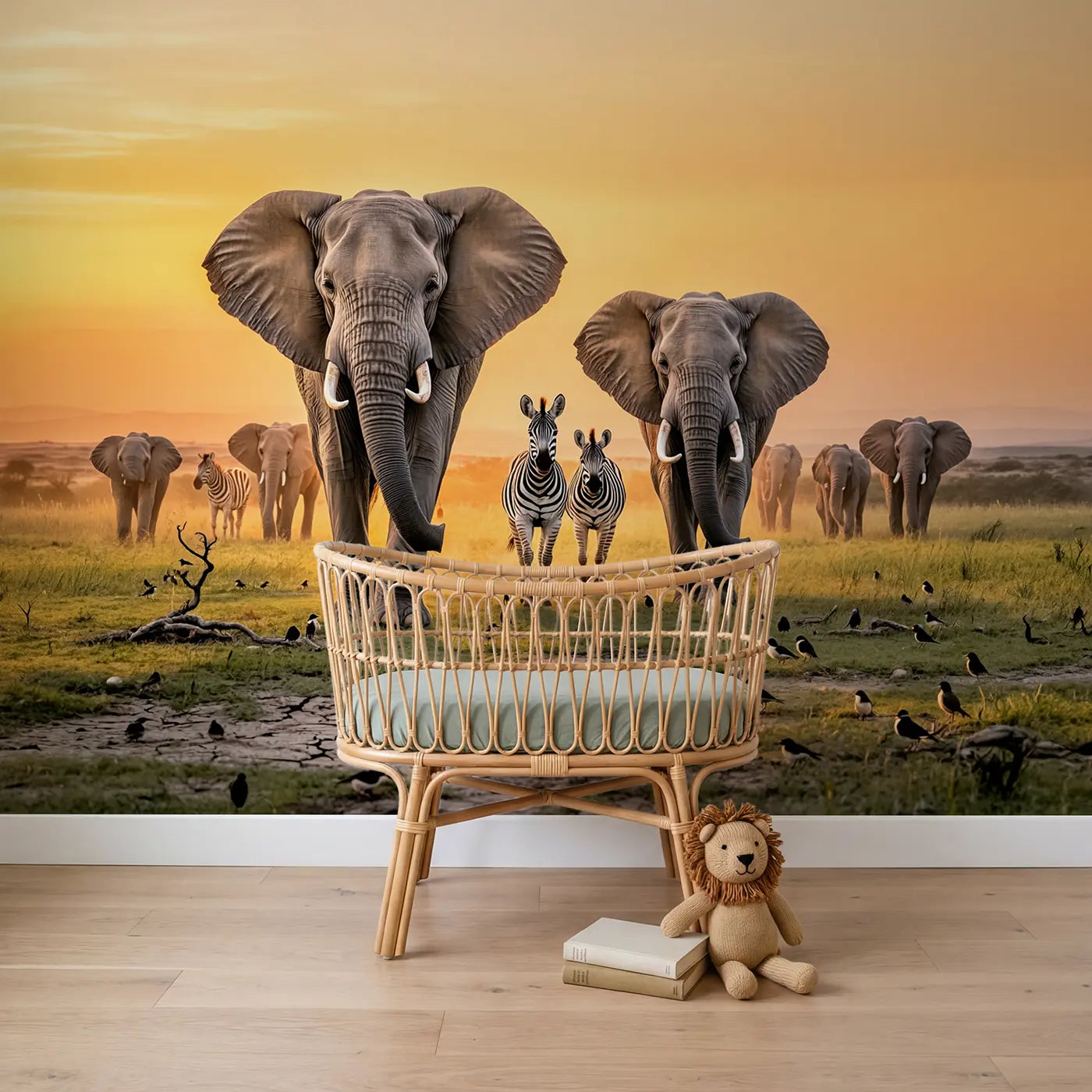 Soft pastel elephants zebras sunset savanna wallpaper mural for boys room by Whimsy Tots