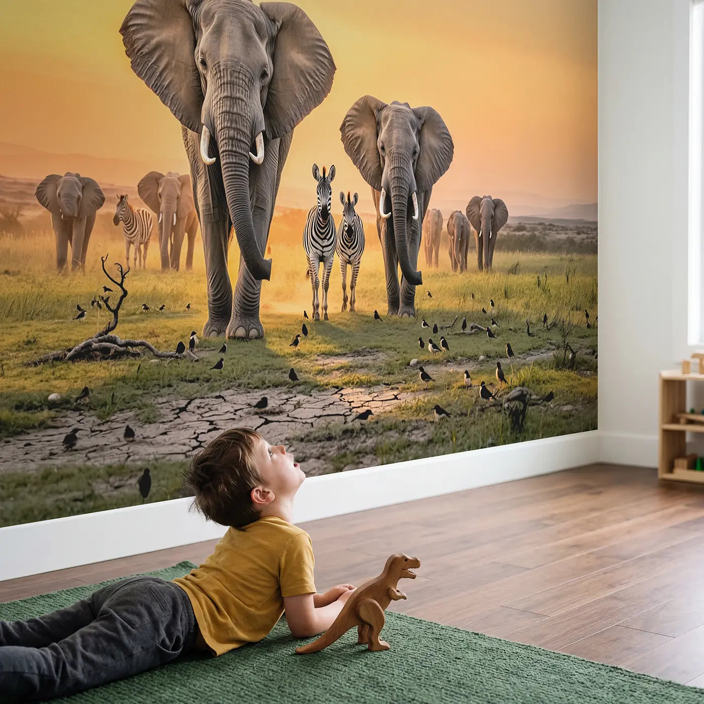 Child in nursery with Elephants Zebras Sunset Migration Wallpaper Mural by Whimsy Tots