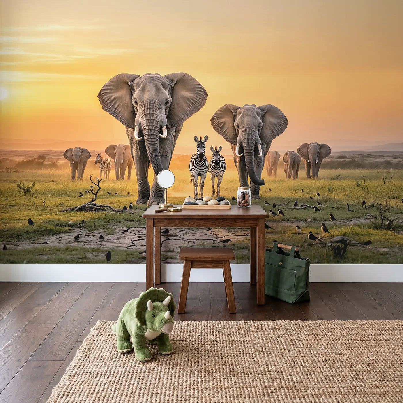 Elephants Zebras Sunset Migration Wallpaper Mural in playroom setting by Whimsy Tots