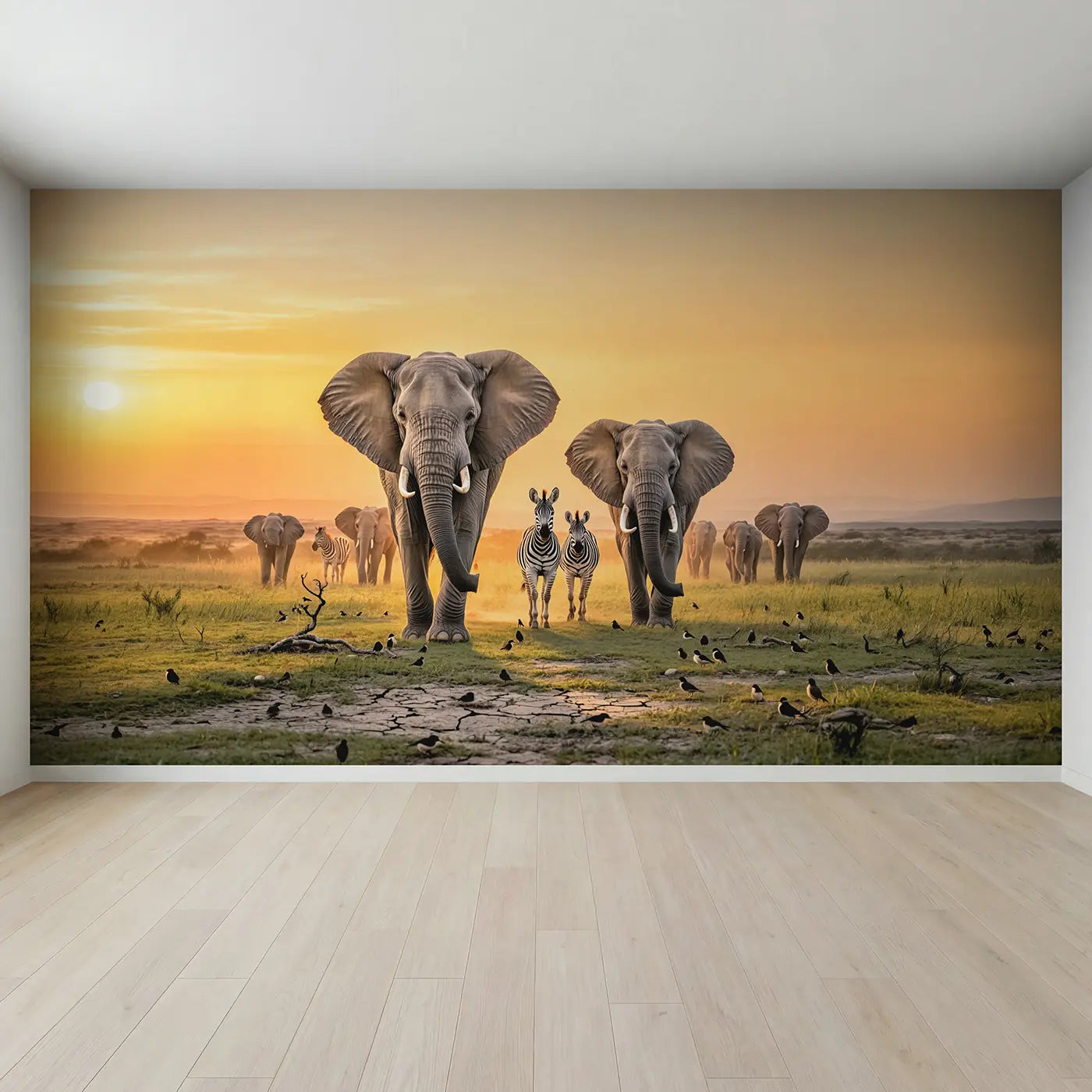 Full view of Elephants Zebras Sunset Migration Wallpaper Mural by Whimsy Tots