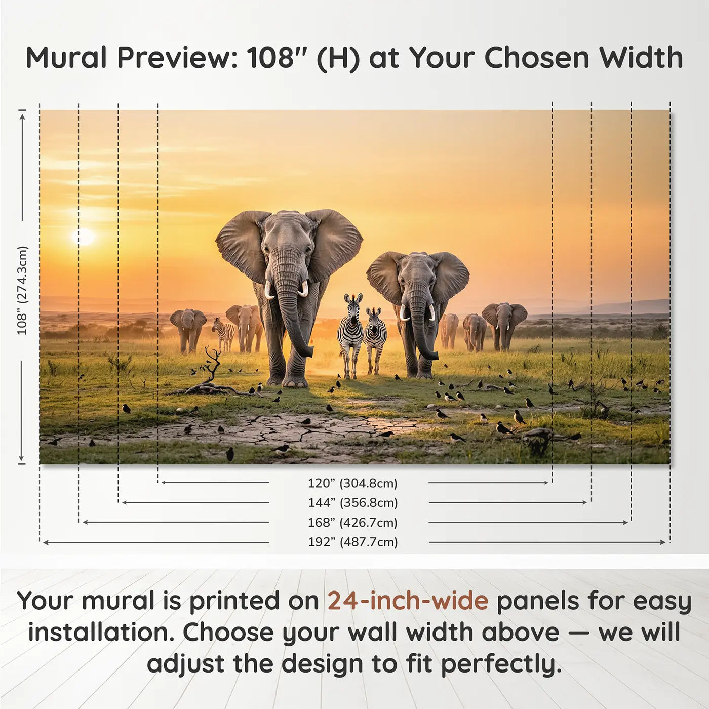 Panel layout and dimensions for Elephants Zebras Sunset Migration Wallpaper Mural by Whimsy Tots