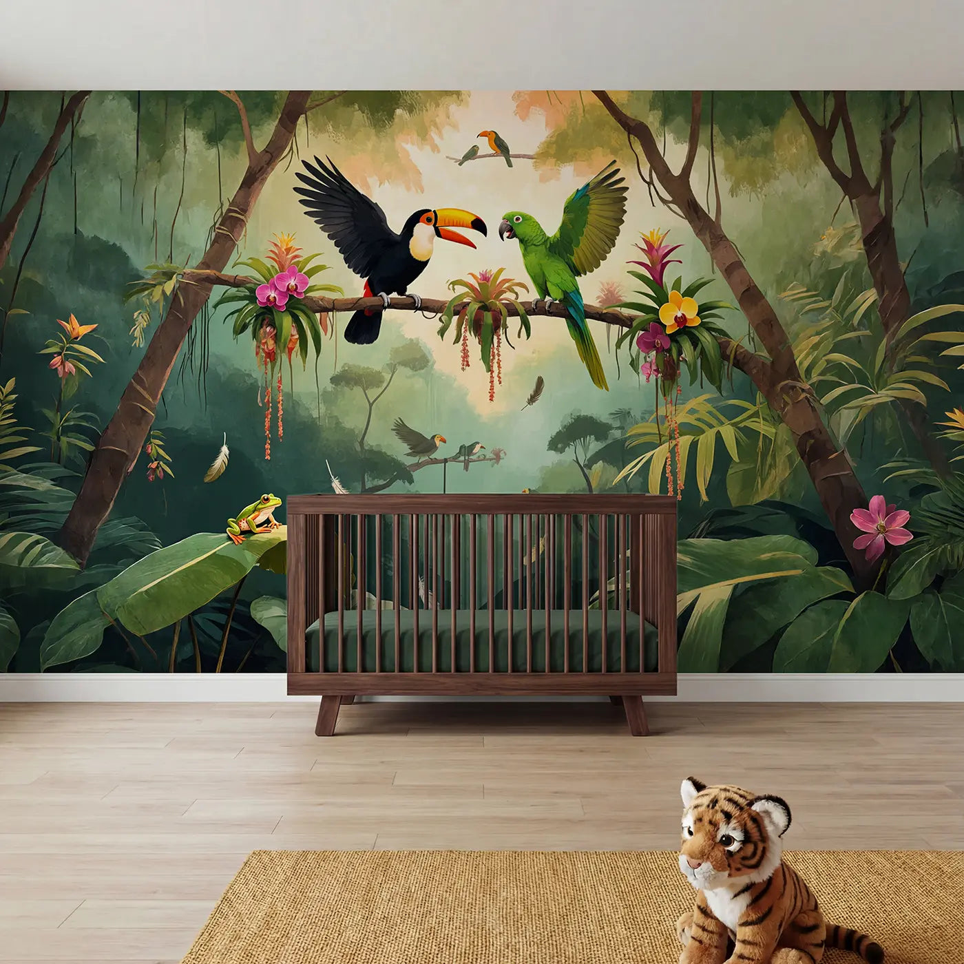 Soft pastel toucan parrot jungle canopy wallpaper mural for girls room by Whimsy Tots