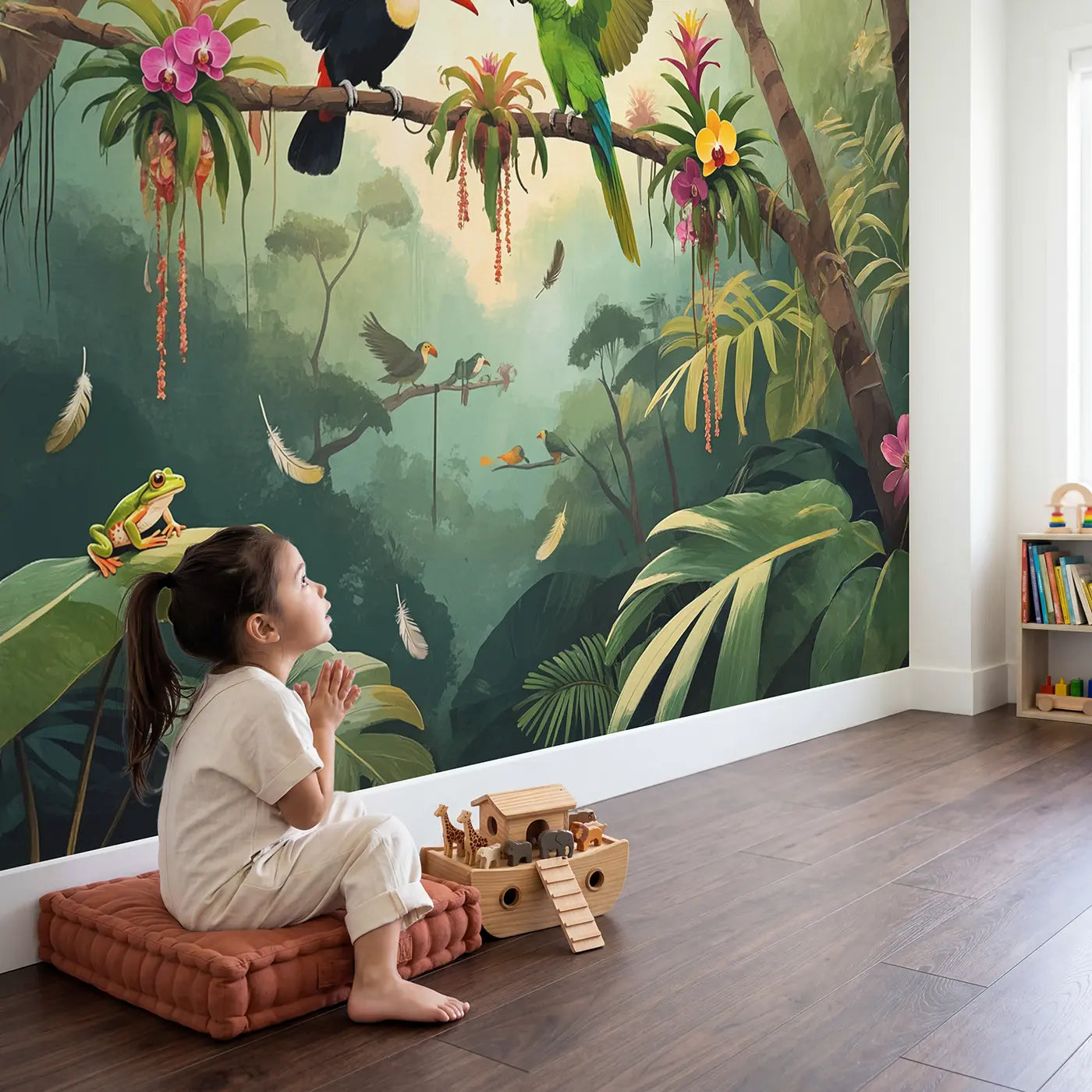 Child in nursery with Toucan and Parrot Debate Wallpaper Mural by Whimsy Tots