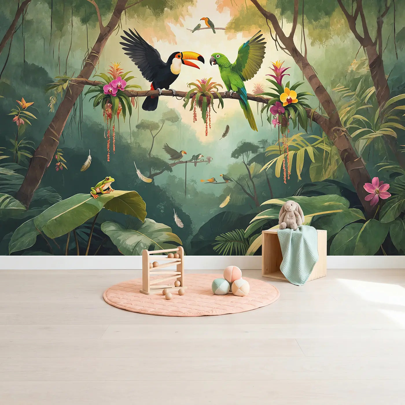 Toucan and Parrot Debate Wallpaper Mural in playroom setting by Whimsy Tots