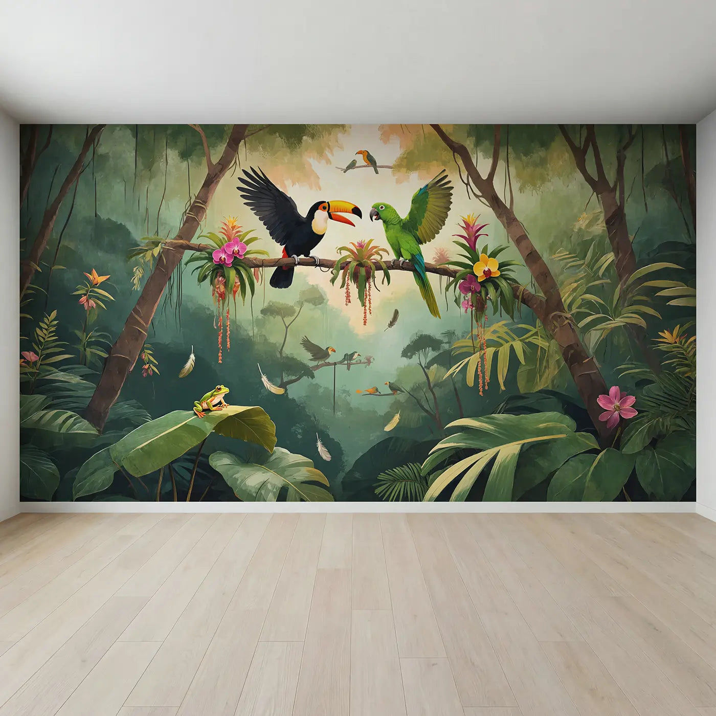 Full view of Toucan and Parrot Debate Wallpaper Mural by Whimsy Tots