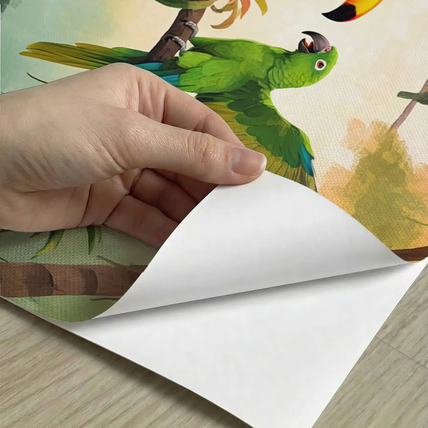Peel-and-stick detail of Toucan and Parrot Debate Wallpaper Mural by Whimsy Tots