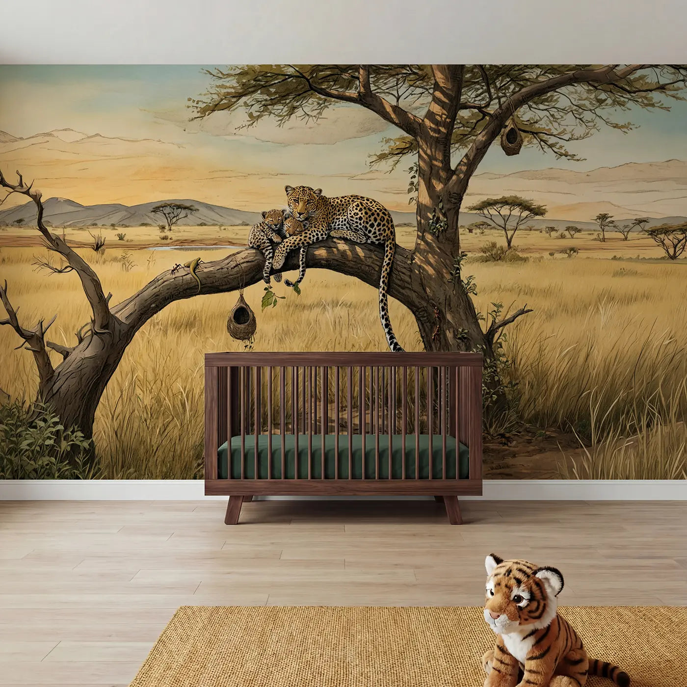 storybook illustration leopard family acacia tree mural for girls room by Whimsy Tots